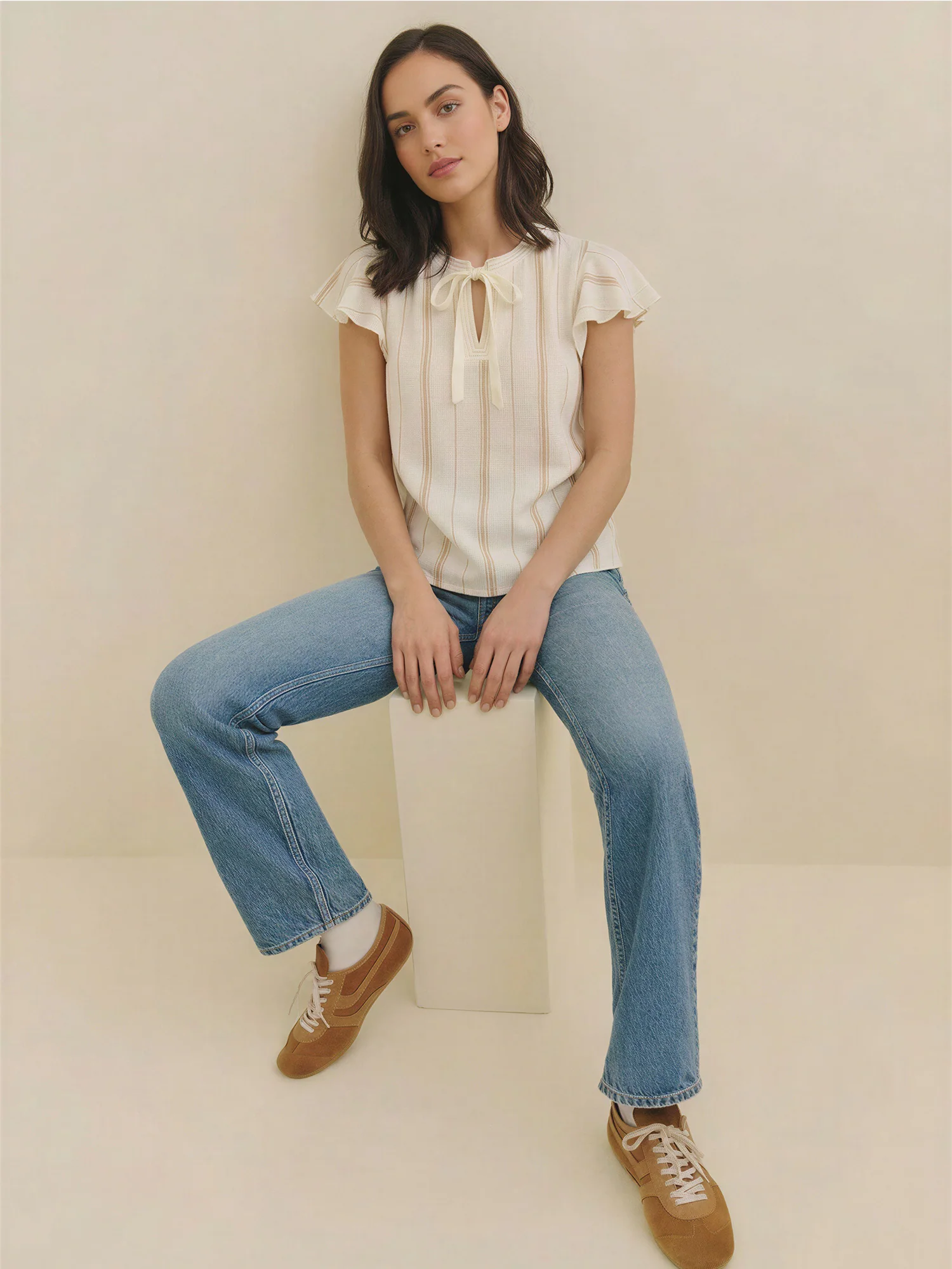 Flutter Sleeve Tie Neck Striped Blouse - Image 2