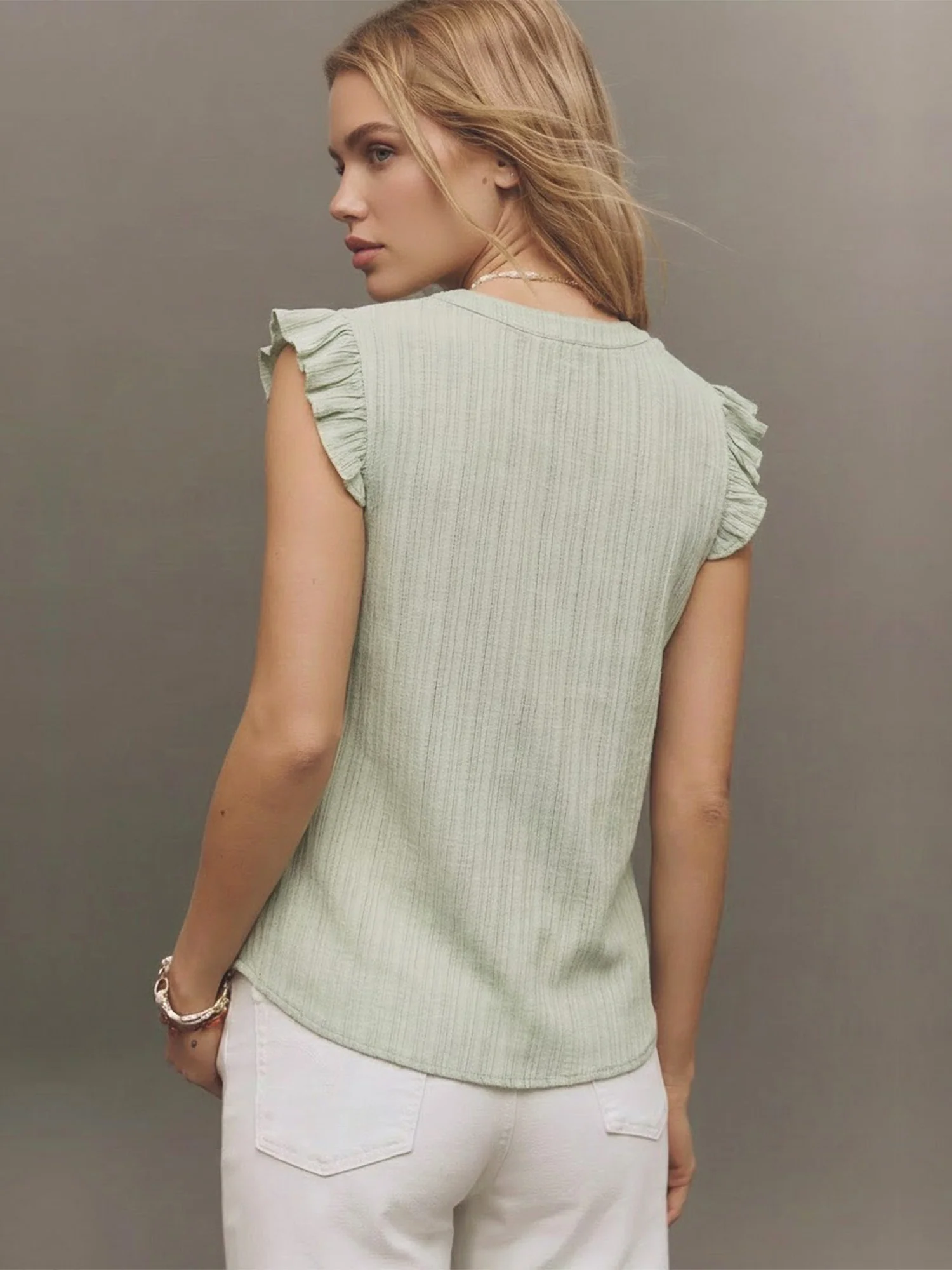 Flutter Sleeve V Neck Border Trim Blouse - Image 3