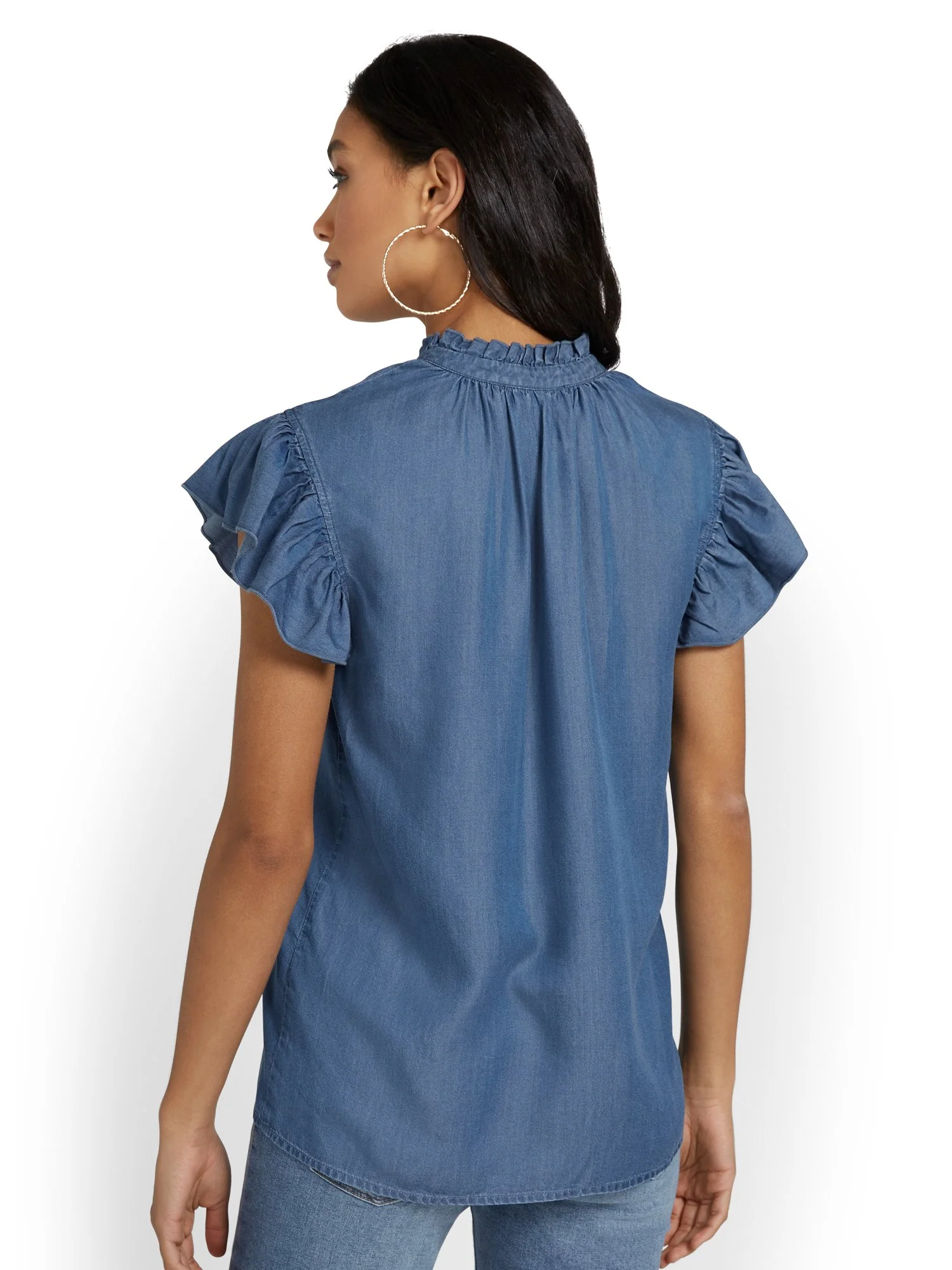 Flutter-Sleeve V-Neck Top - Blue Angel Wash - Image 3