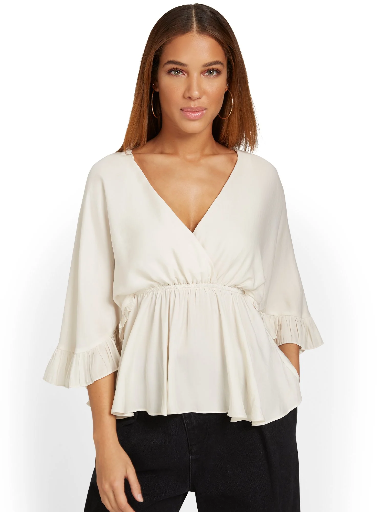 Flutter-Sleeve V-Neck Top - Mustard Seed - Image 4