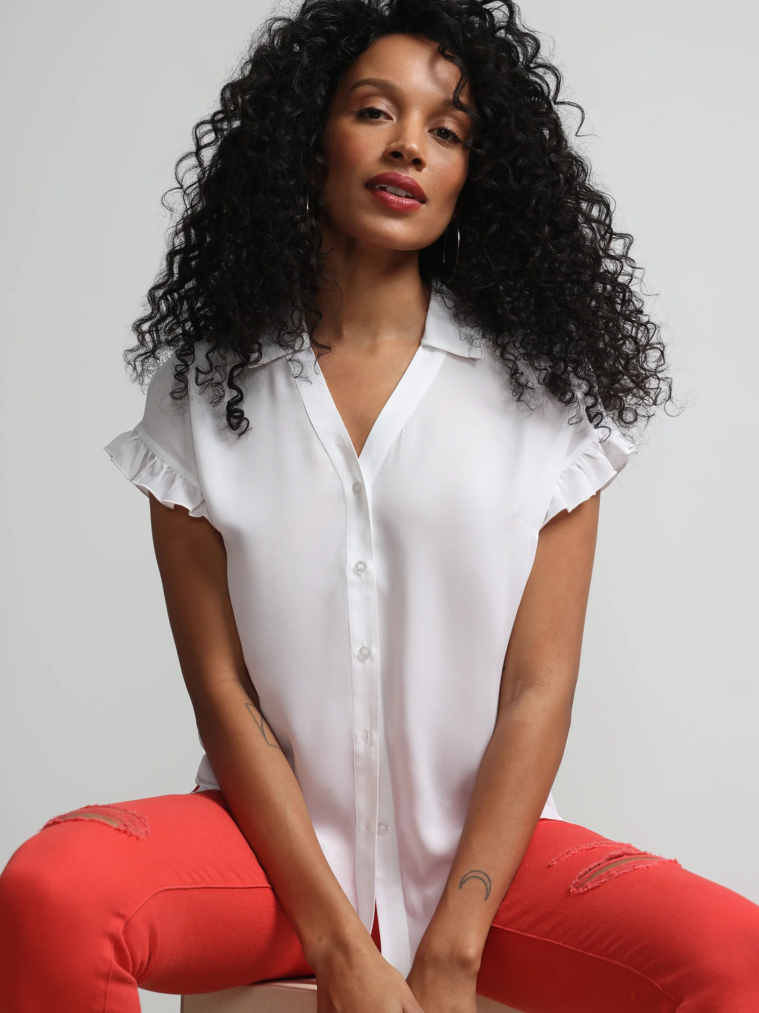 Flutter-Trim Button-Front Blouse - Image 4