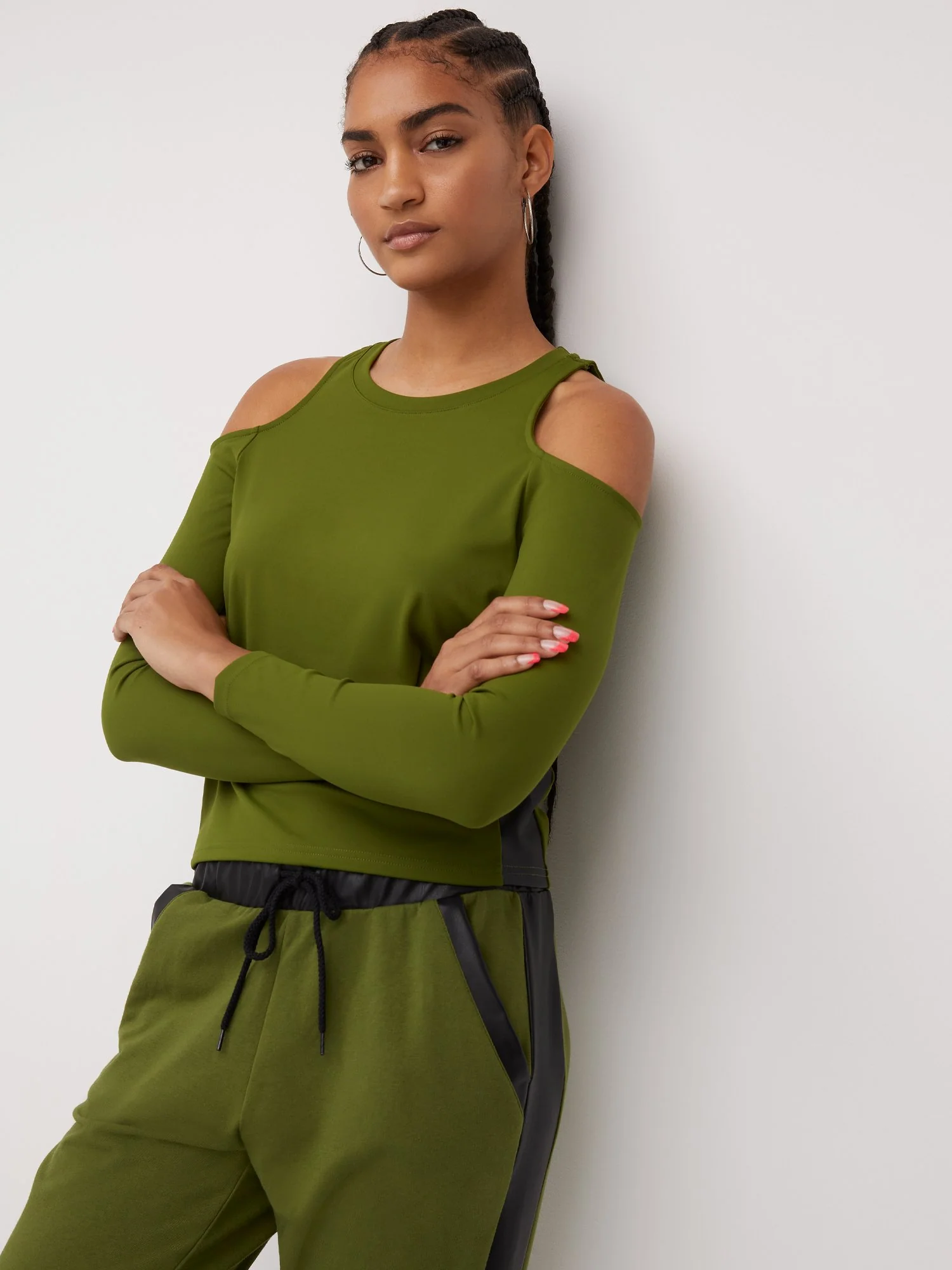 French Terry Faux-Leather Panel Cold-Shoulder Top - Image 4