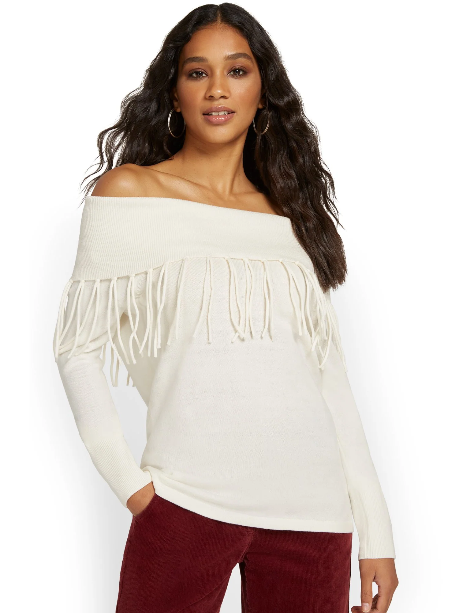 Fringe-Detail Off-The-Shoulder Sweater - Image 2