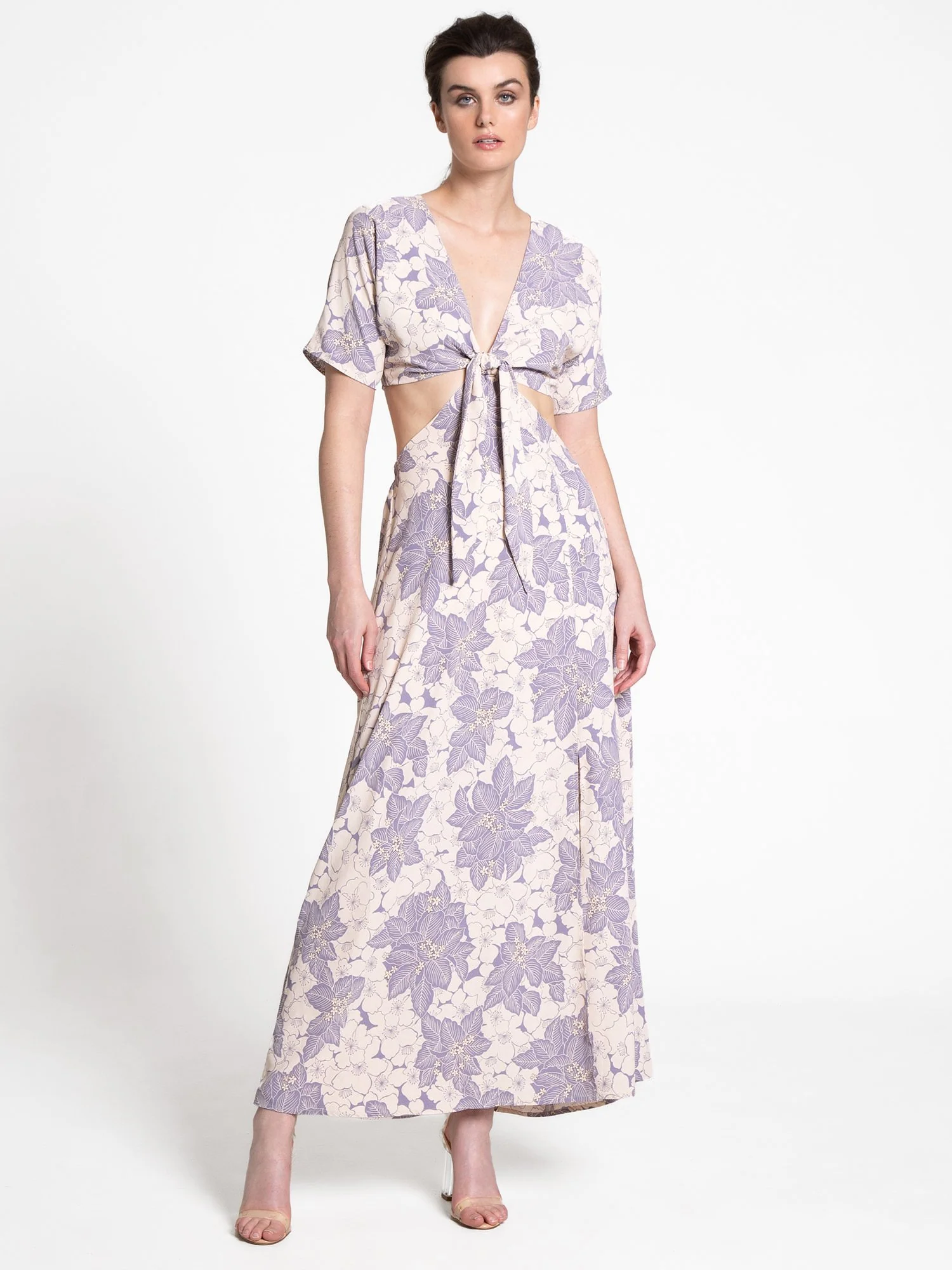 Fore Collection Front-Tie Cut Out Floral Short Sleeve Maxi Dress - Brands We Love