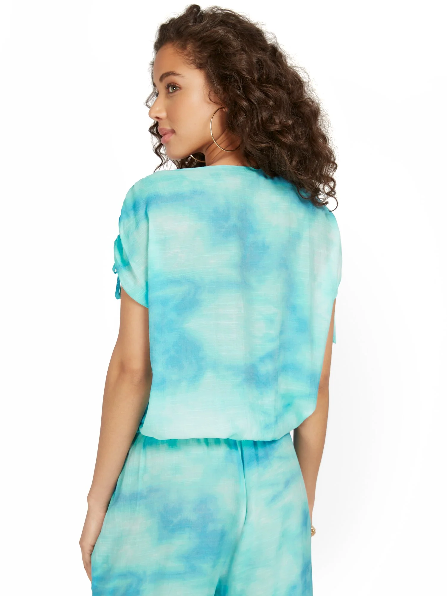 Gauze Tie-Sleeve Tie-Dye V-Neck Top - Image 3