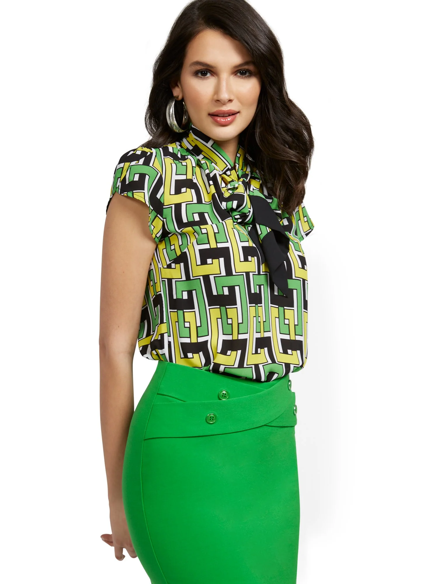Geo-Print Flutter-Sleeve Bow-Collar Blouse
