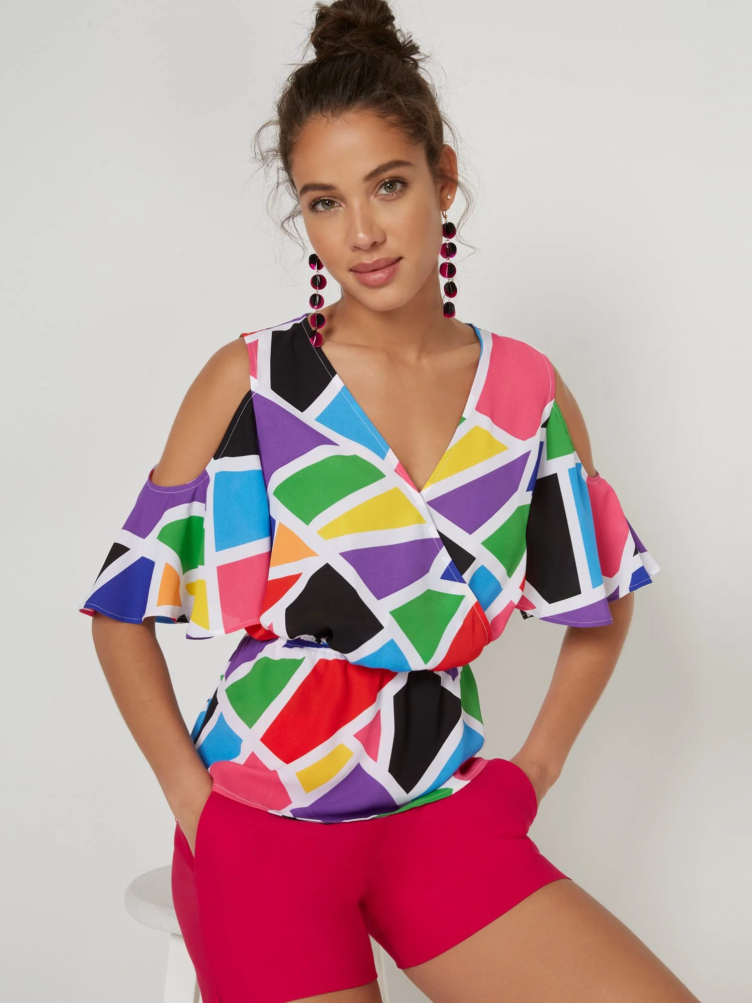 Geometric-Print Cold-Shoulder Top