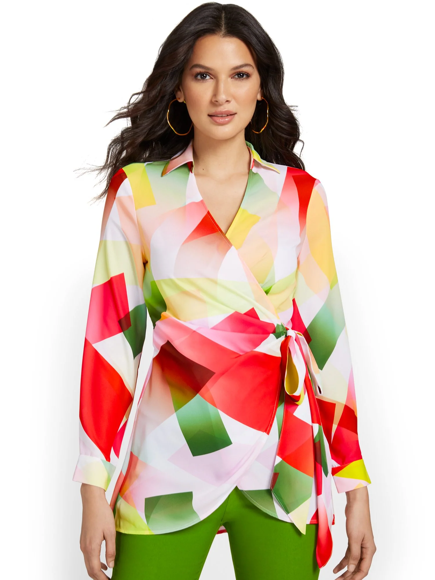 Geometric-Print Collared Tie-Waist Blouse