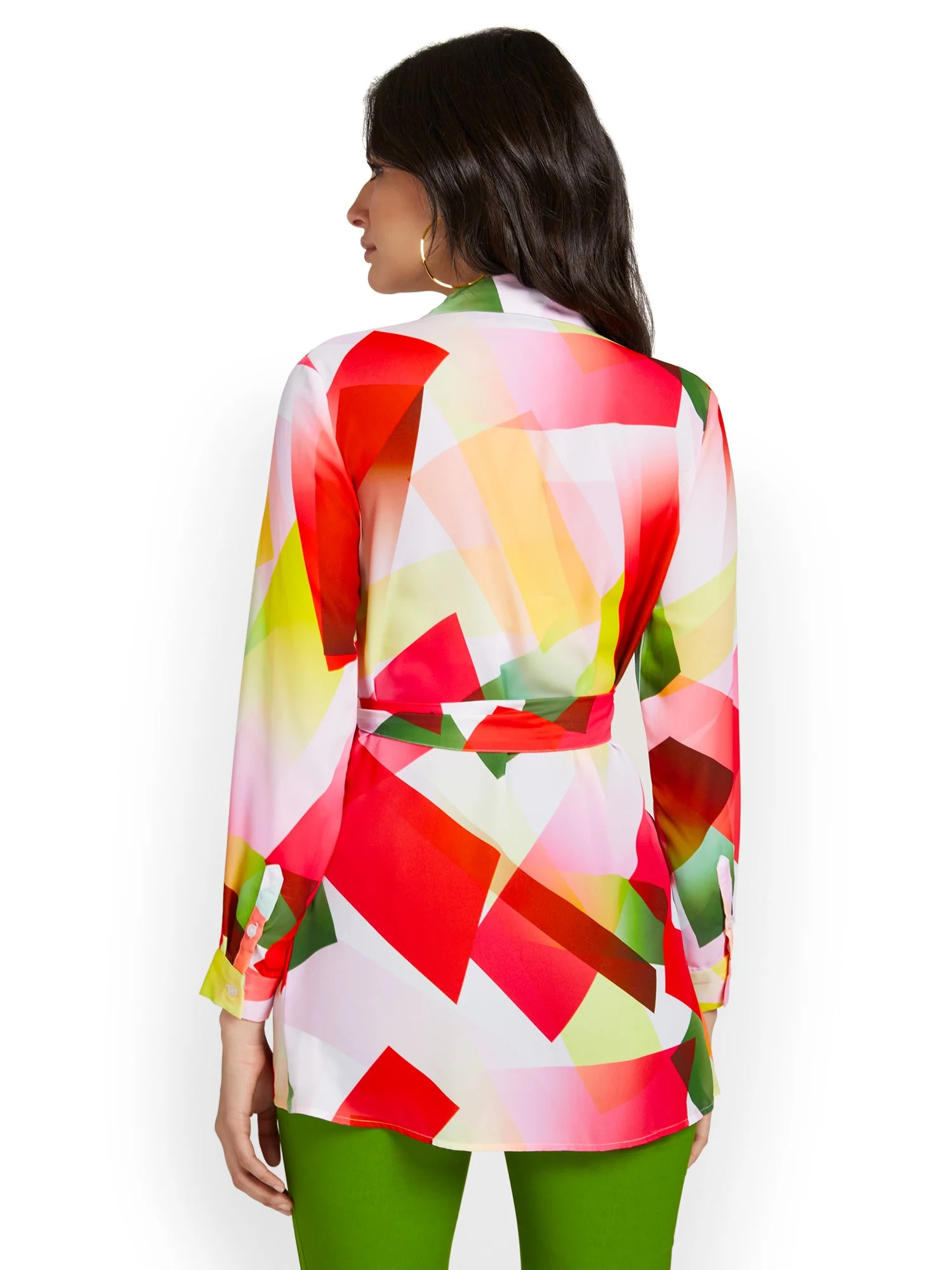 Geometric-Print Collared Tie-Waist Blouse - Image 3