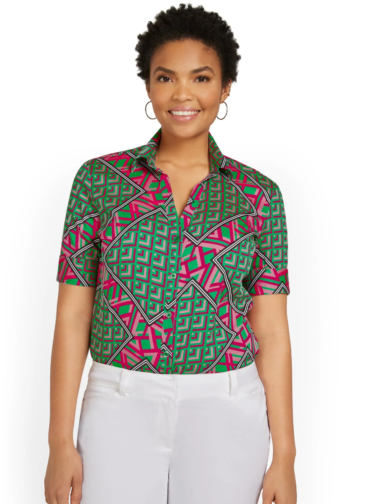 Geometric-Print Short-Sleeve Ruched Button-Front Secret Snap - NY&C Madison Shirt® - Image 2