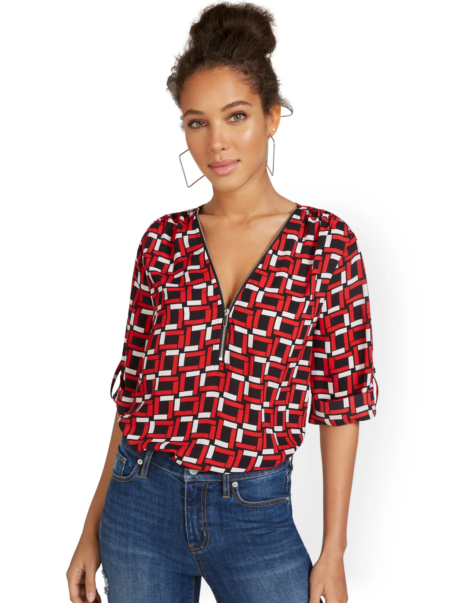Geometric-Print Zip-Front Elbow Blouse