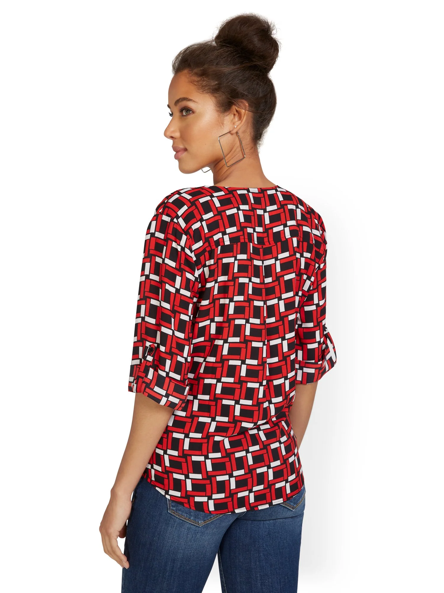 Geometric-Print Zip-Front Elbow Blouse - Image 3