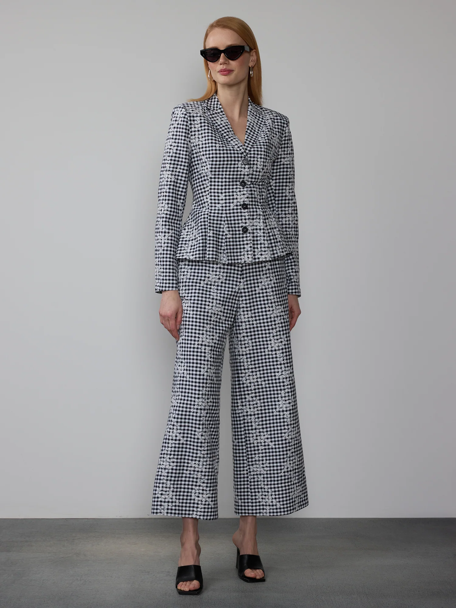 Embroidered Gingham Peplum Jacket