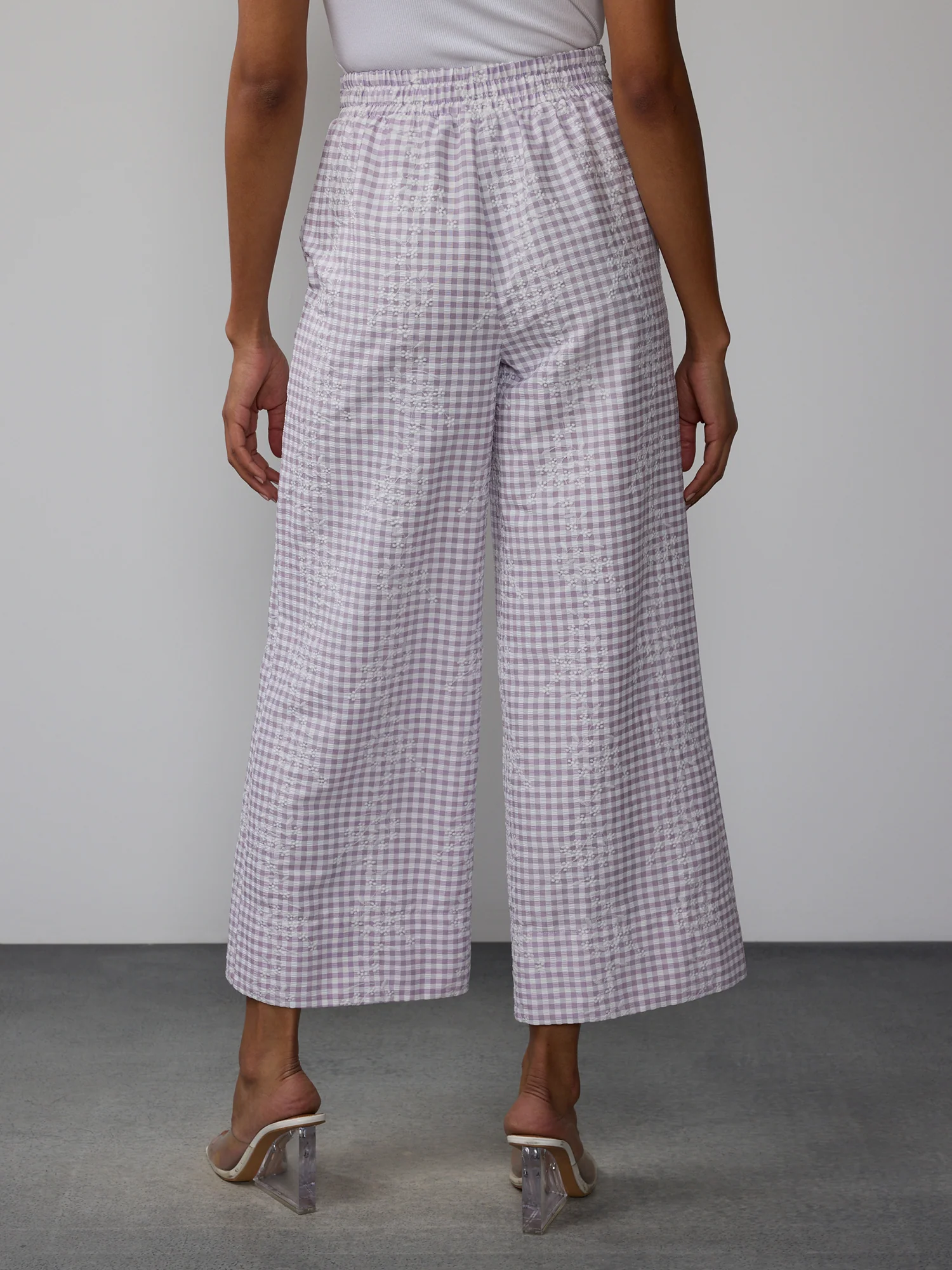 Embroidered Gingham Wide Leg Pants - Image 3