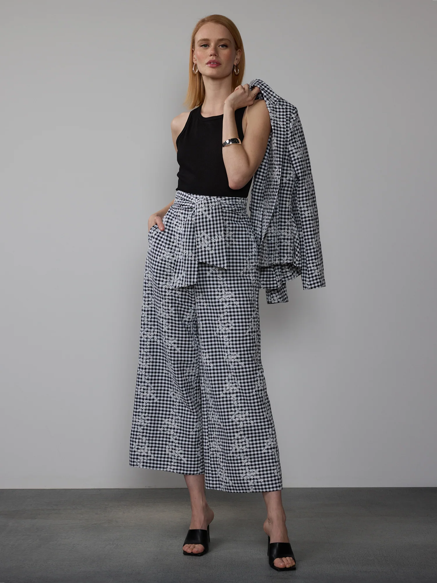 Embroidered Gingham Wide Leg Pants - Image 6