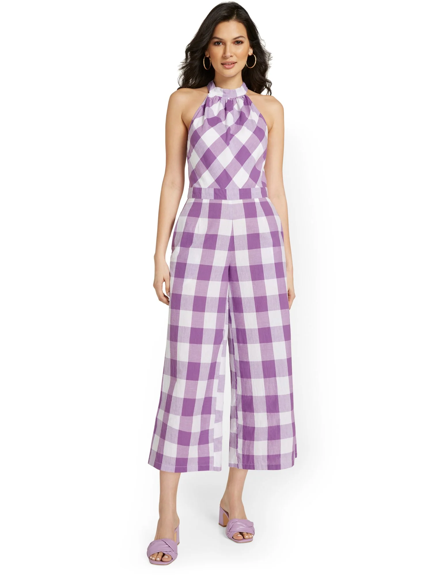 Gingham Wide-Leg Capri Jumpsuit