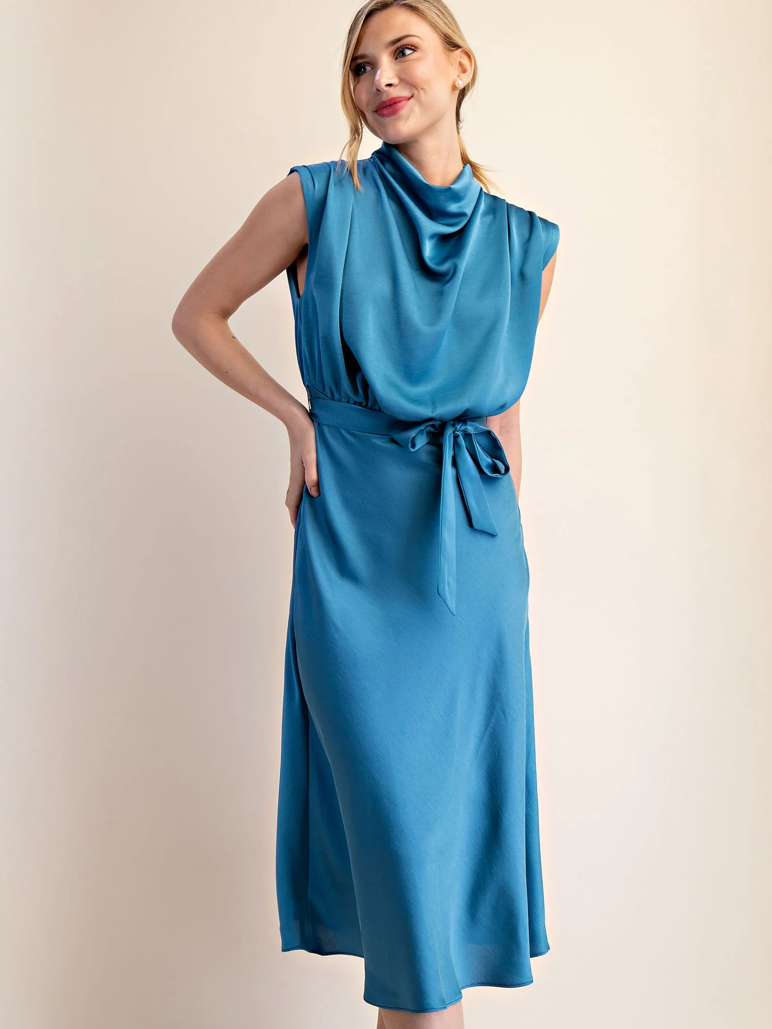 Cowl Neck Satin Midi Shift Dress - Image 13