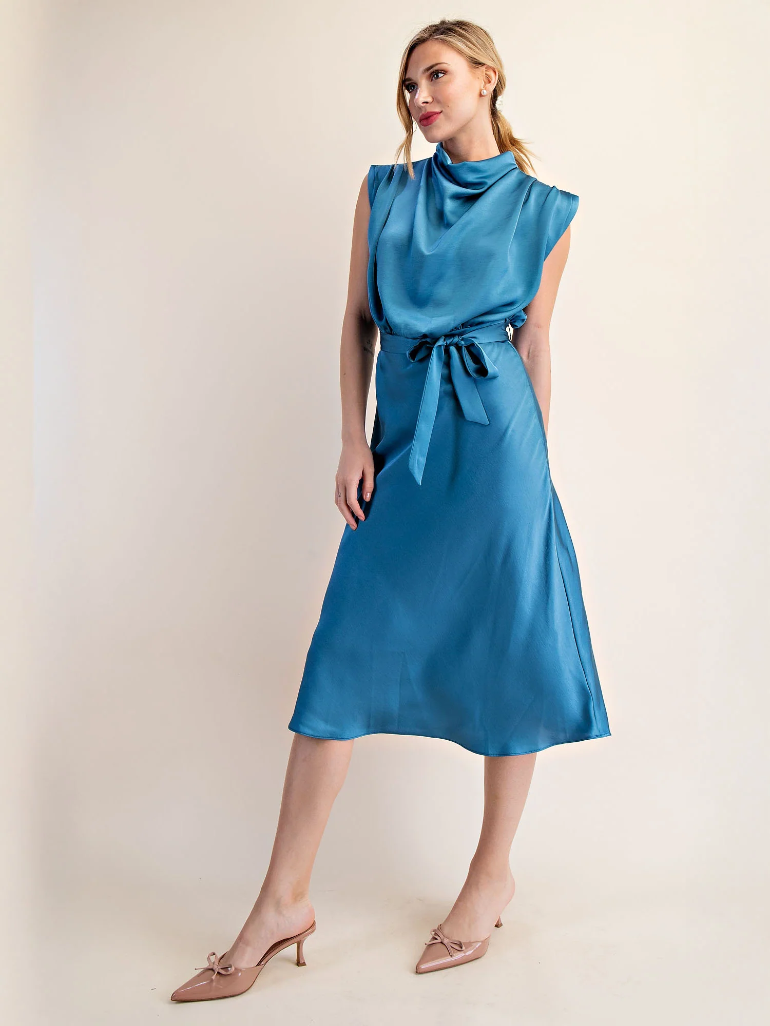 Cowl Neck Satin Midi Shift Dress - Image 15