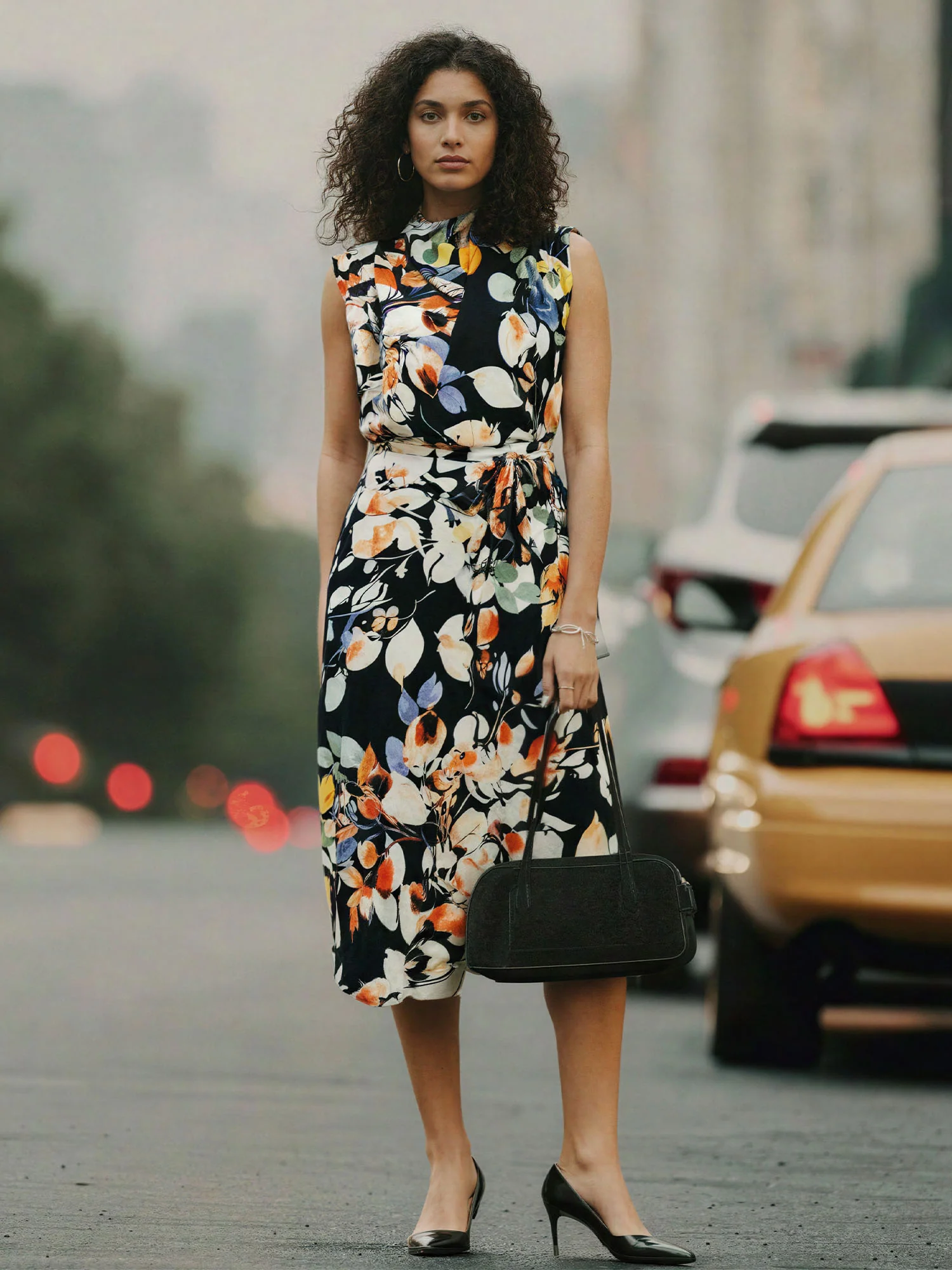 Floral Cowl Neck Satin Midi Shift Dress