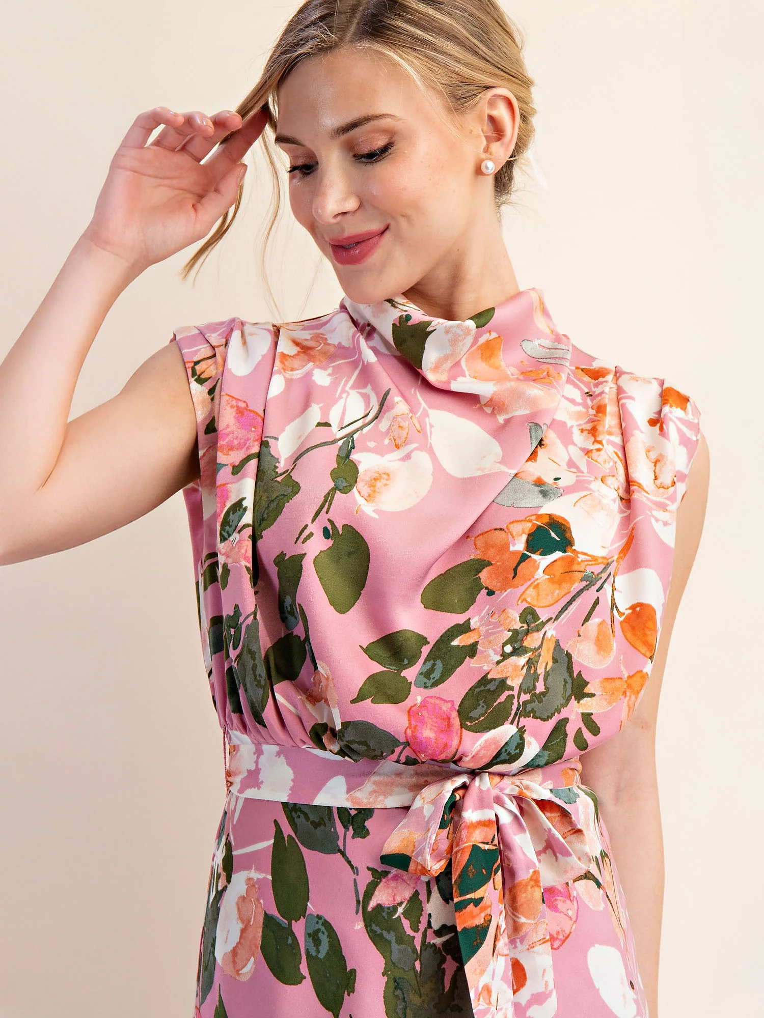 Floral Cowl Neck Satin Midi Shift Dress - Image 11
