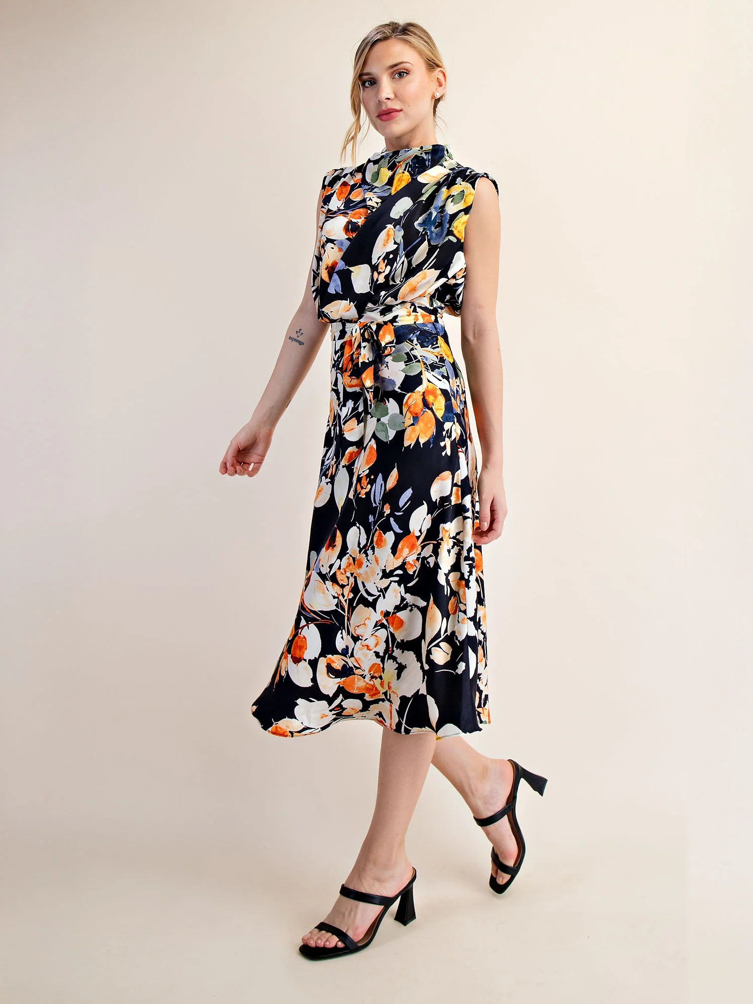 Floral Cowl Neck Satin Midi Shift Dress - Image 6