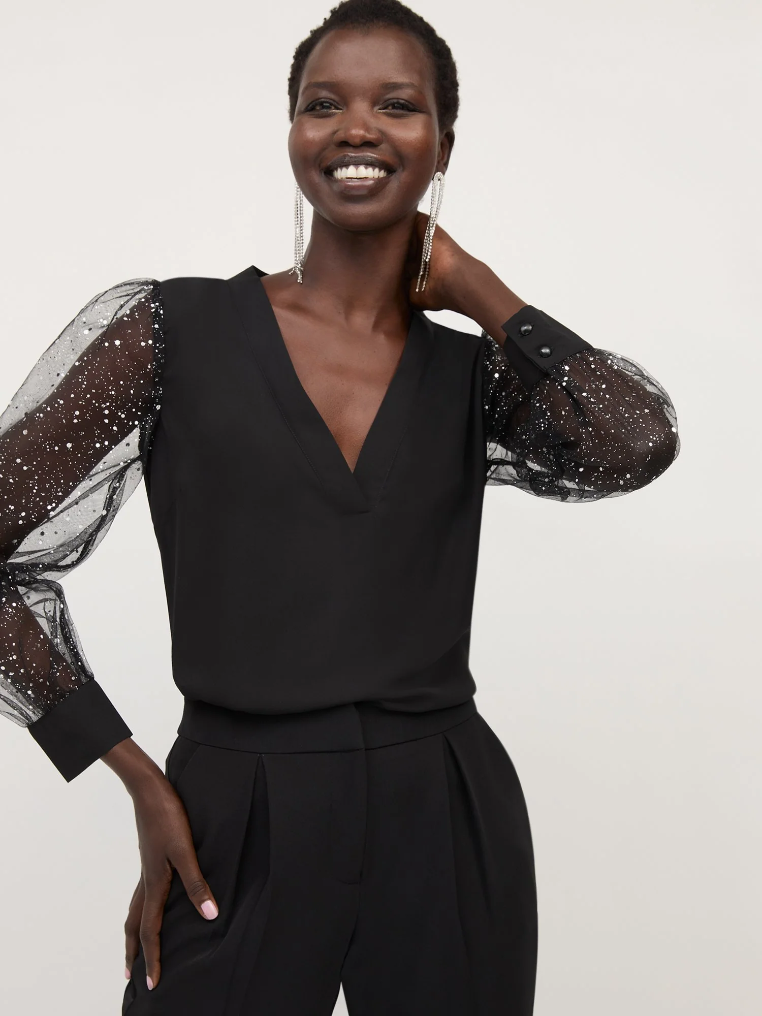 Glitter-Sleeve V-Neck Blouse - Image 2