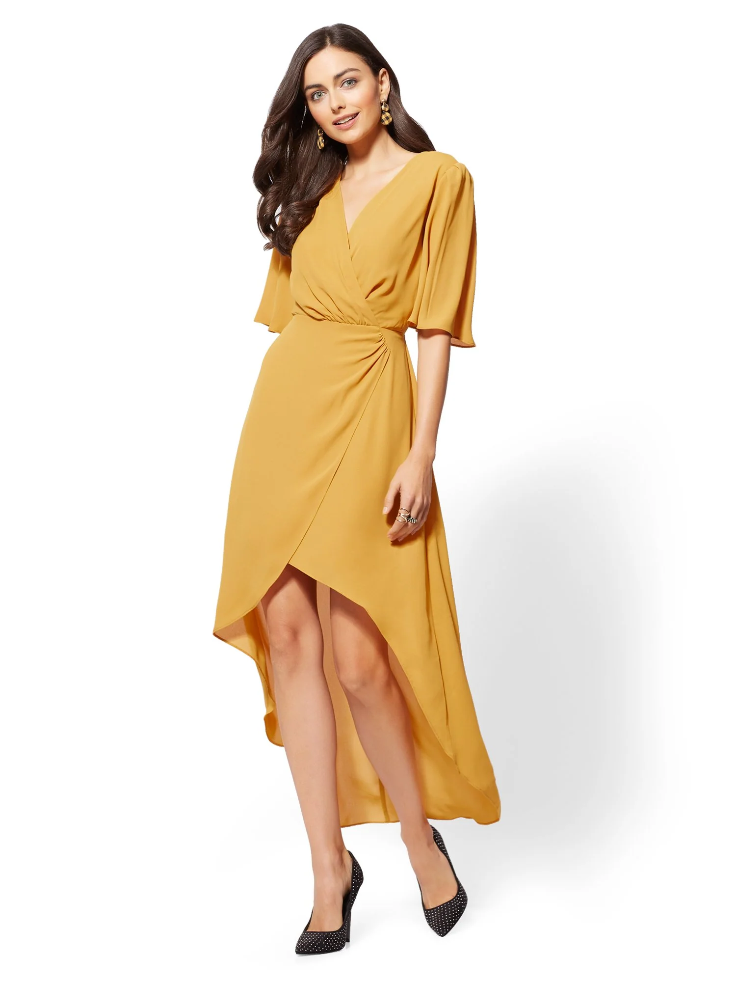 Gold V-Neck Wrap Midi Dress - Image 2