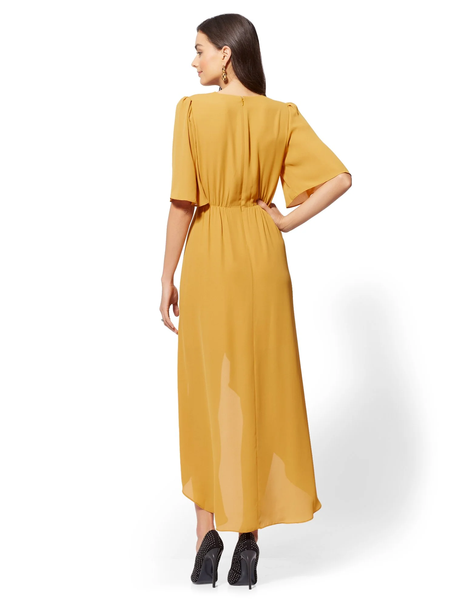 Gold V-Neck Wrap Midi Dress - Image 3