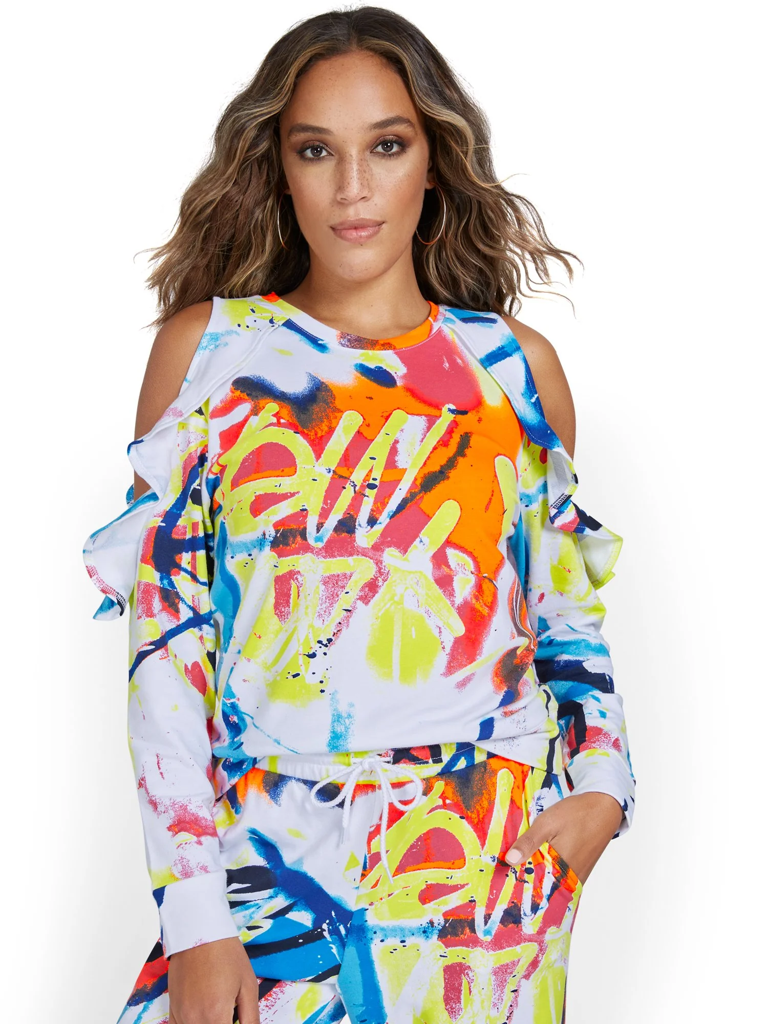 Graffiti-Print Cold-Shoulder Ruffle Pullover Top