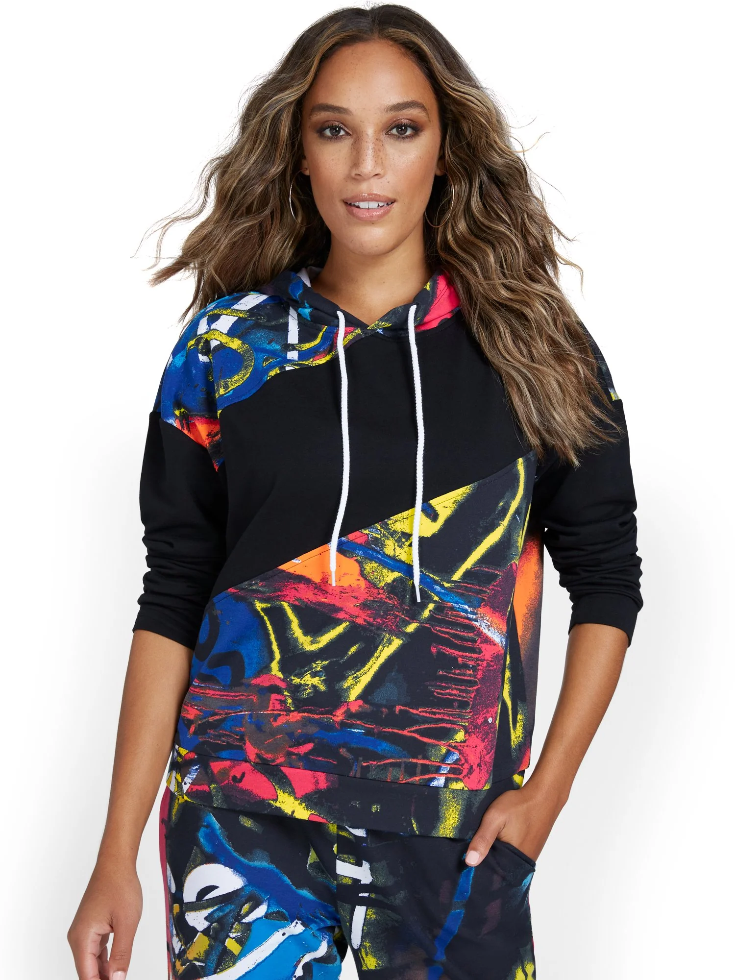 Graffiti-Print Colorblock French Terry Pullover Hoodie - Image 2