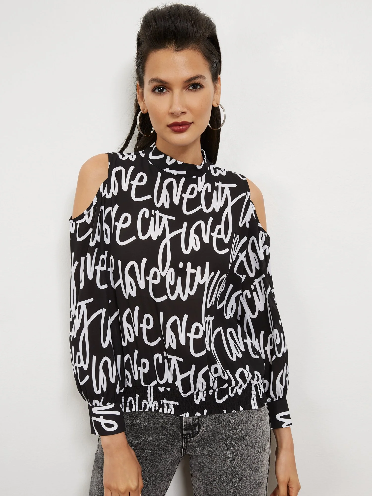 Graphic Cold-Shoulder Top