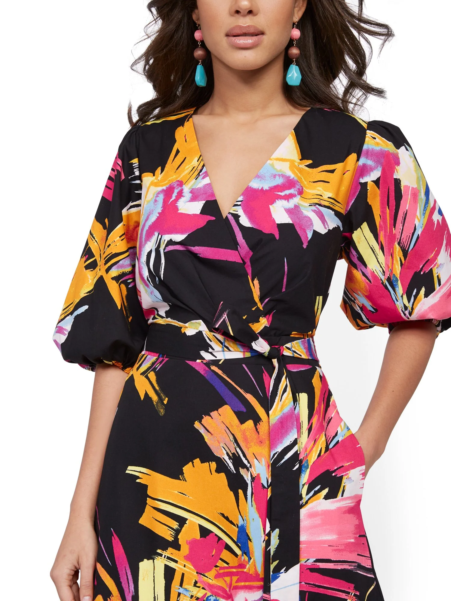 Graphic-Print Poplin Puff-Sleeve Wrap Dress - Image 4