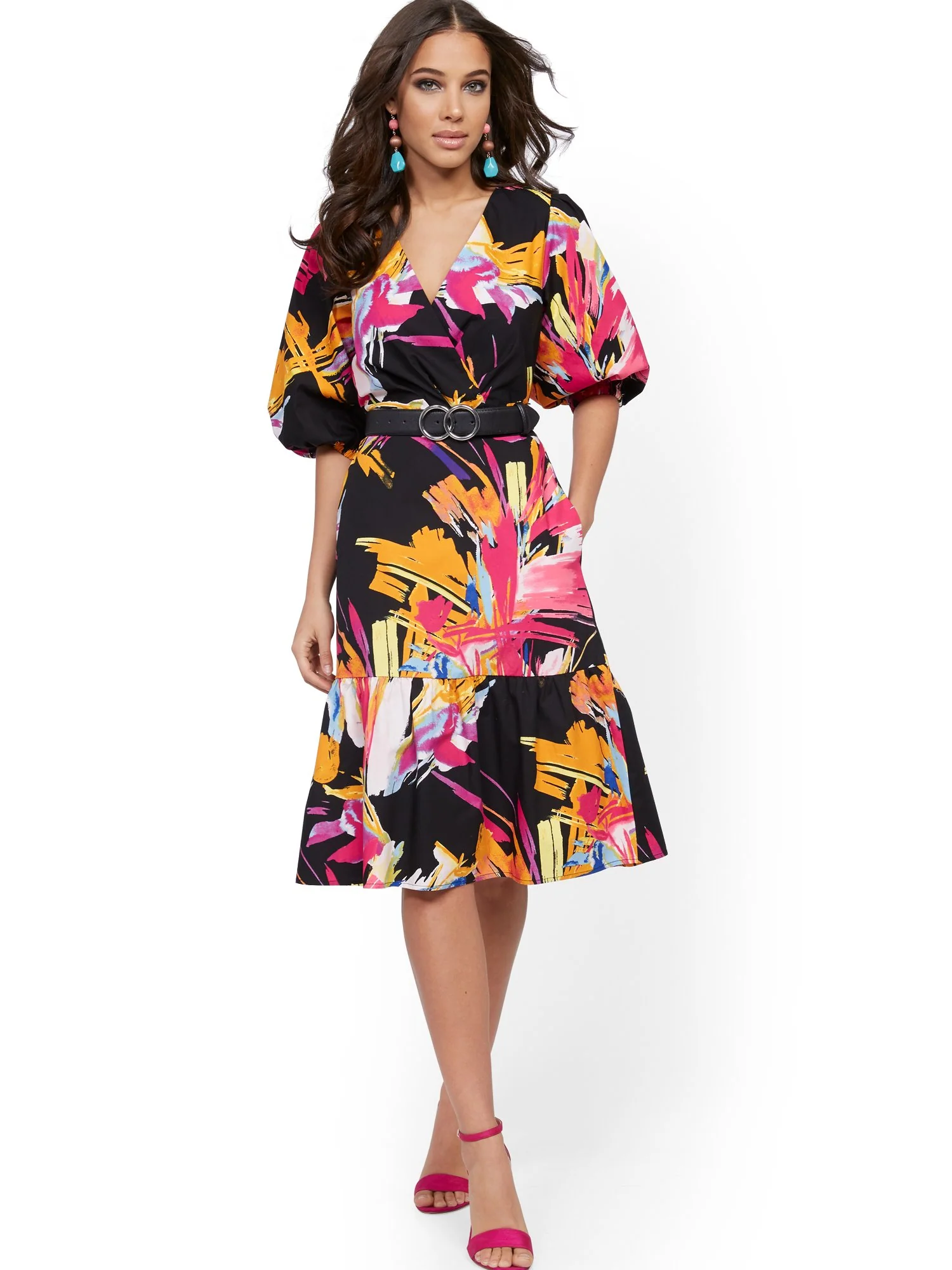 Graphic-Print Poplin Puff-Sleeve Wrap Dress - Image 5