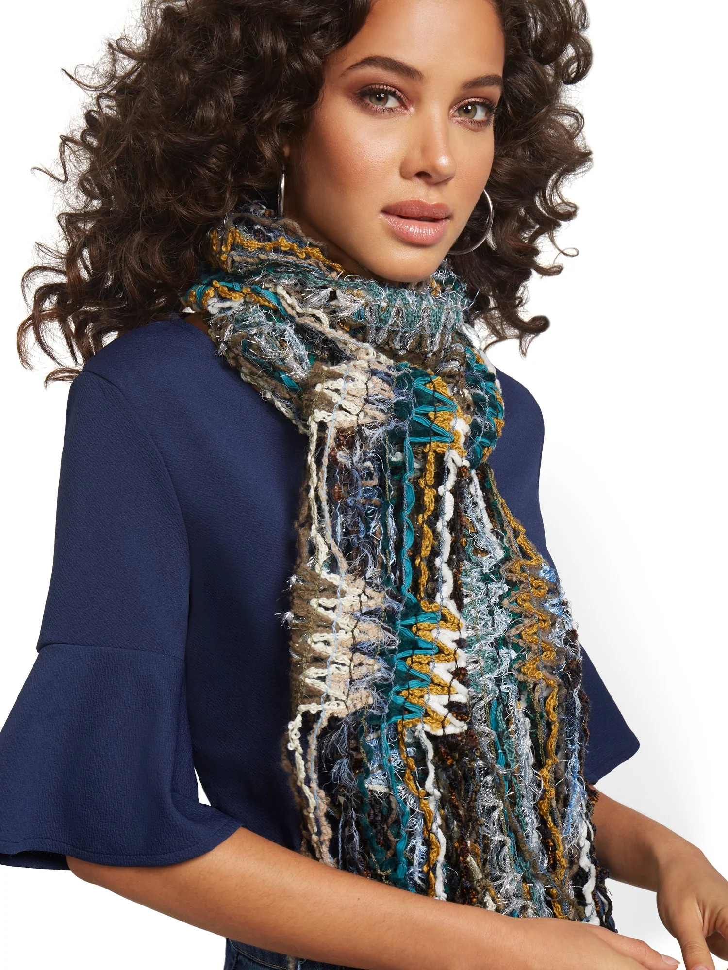 Green Multi Yarn Fringe Scarf - Sweet Pea - Image 2