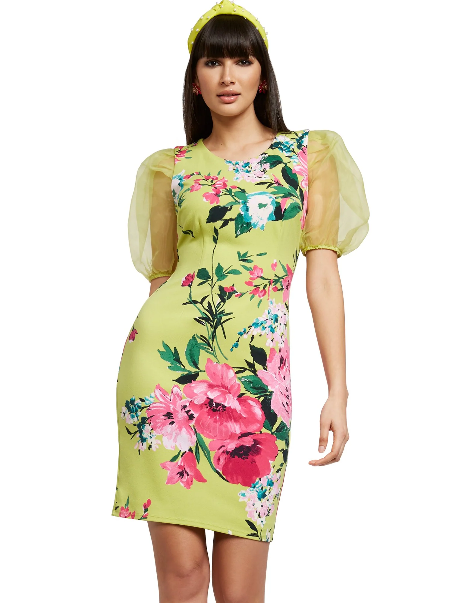 Green Organza-Sleeve Sheath Dress - Magic Crepe®