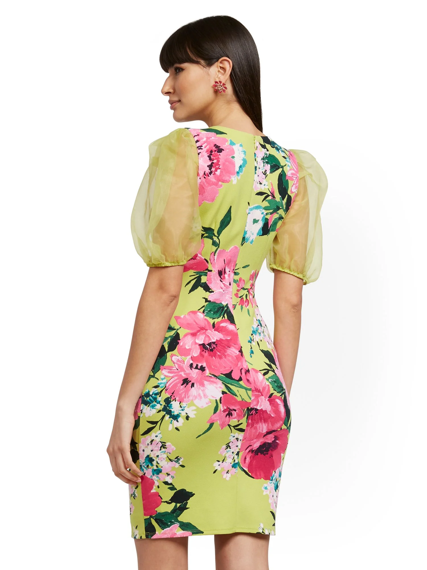 Green Organza-Sleeve Sheath Dress - Magic Crepe® - Image 3
