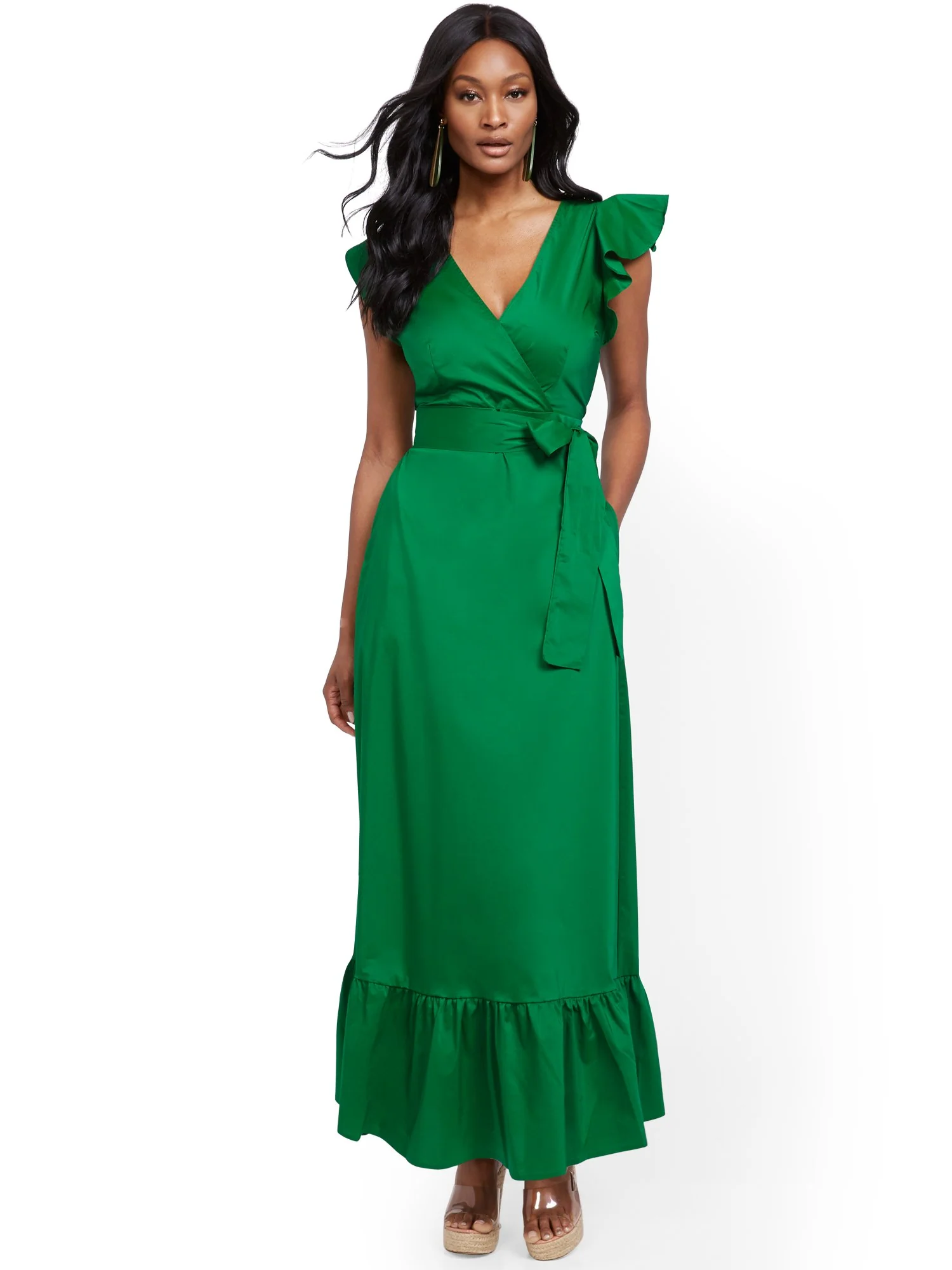 Green Ruffle-Sleeve Poplin Maxi Dress - Image 2