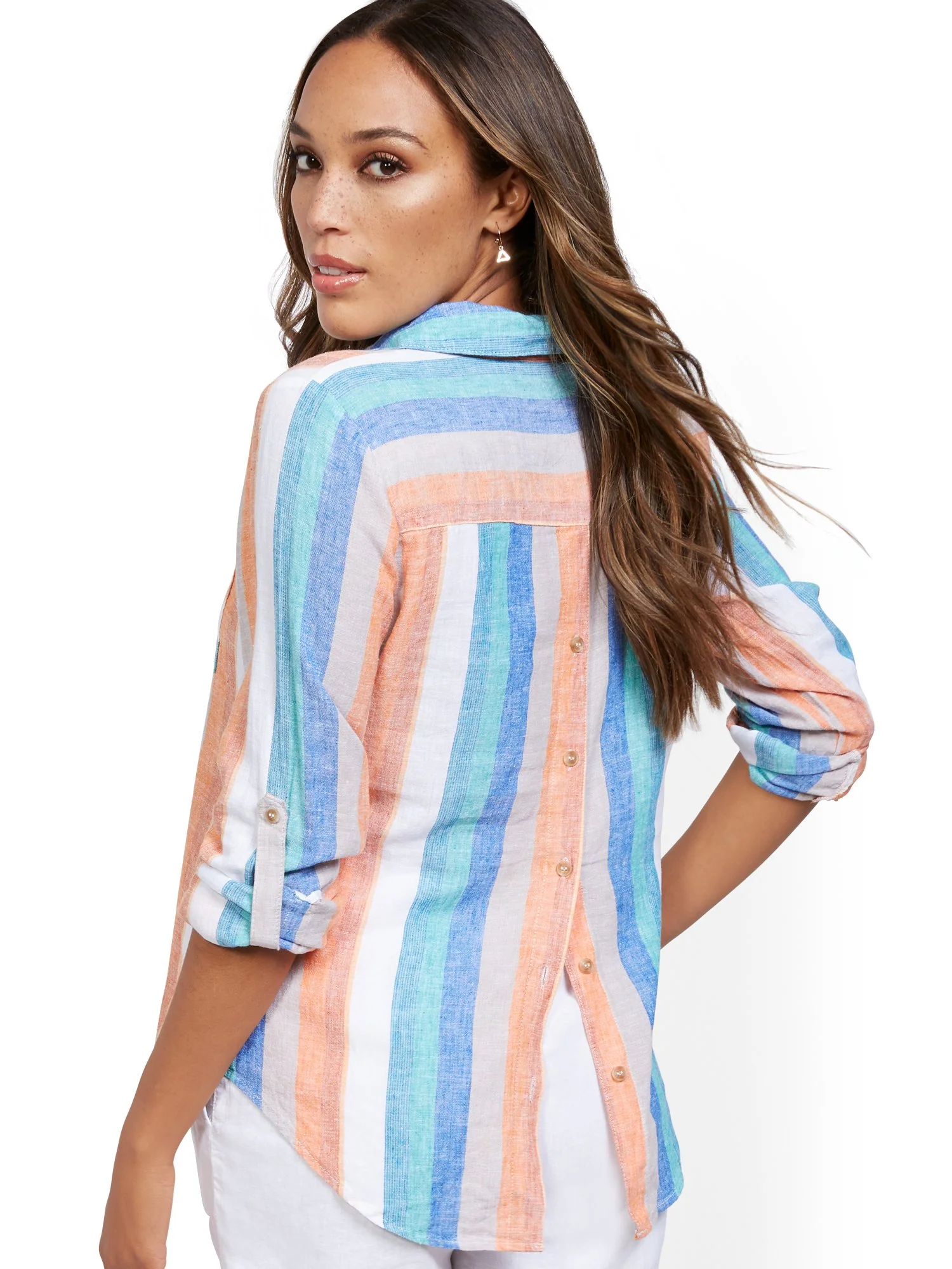 Green Stripe Button-Back Linen Shirt - Image 2