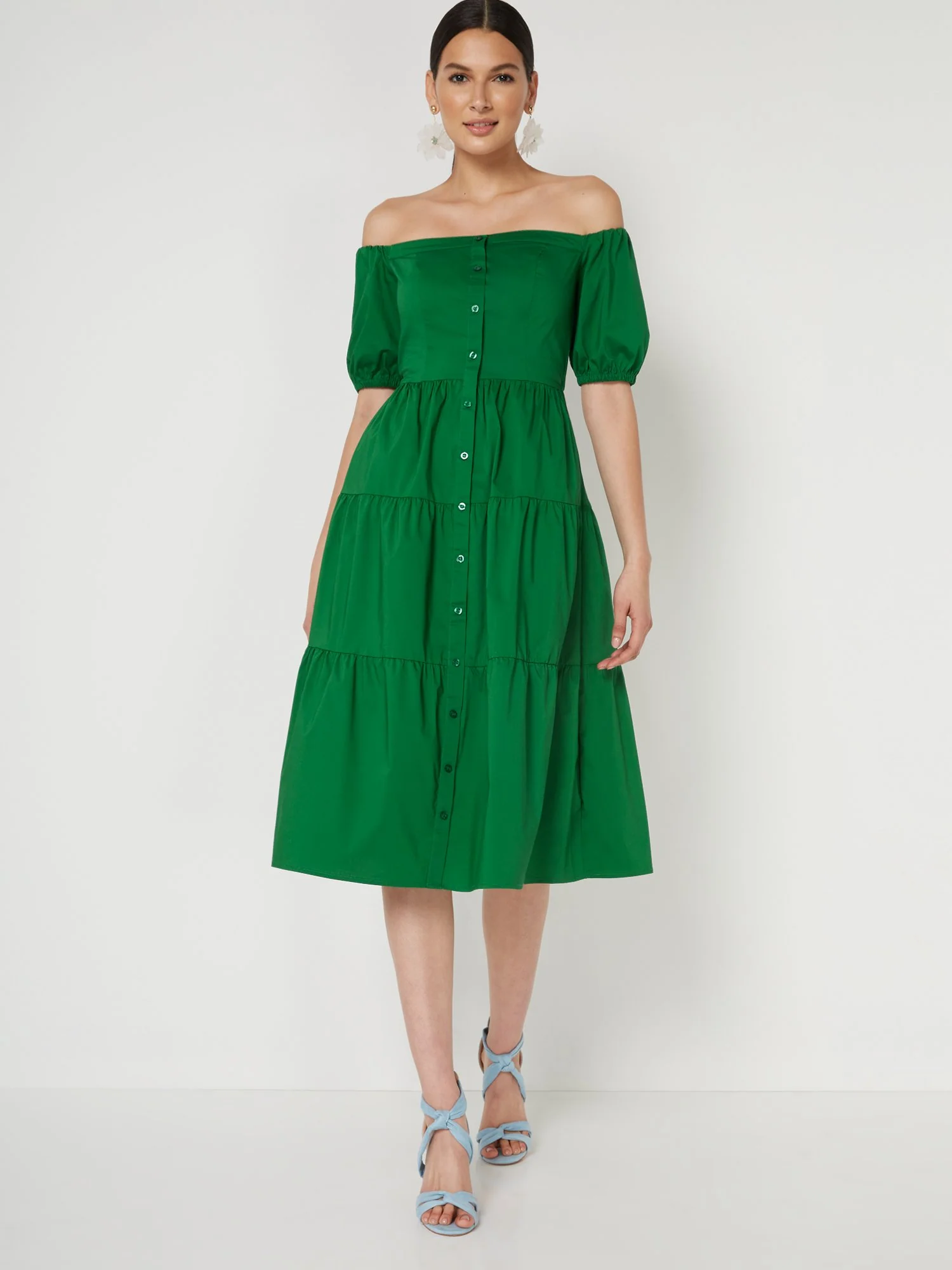Green Tiered Poplin Off-The-Shoulder Midi Dress - Image 2