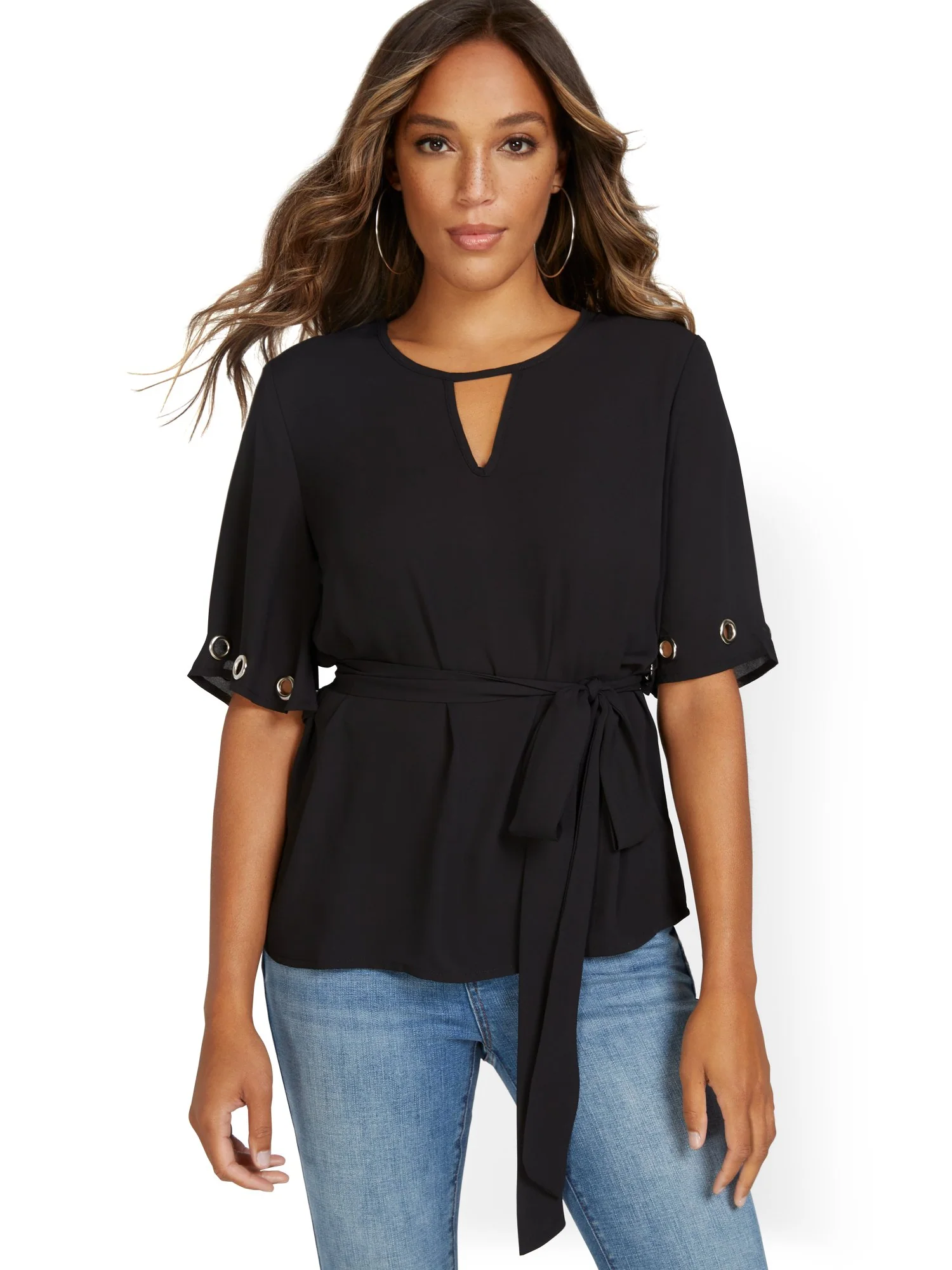 Grommet-Sleeve Tie-Waist Blouse