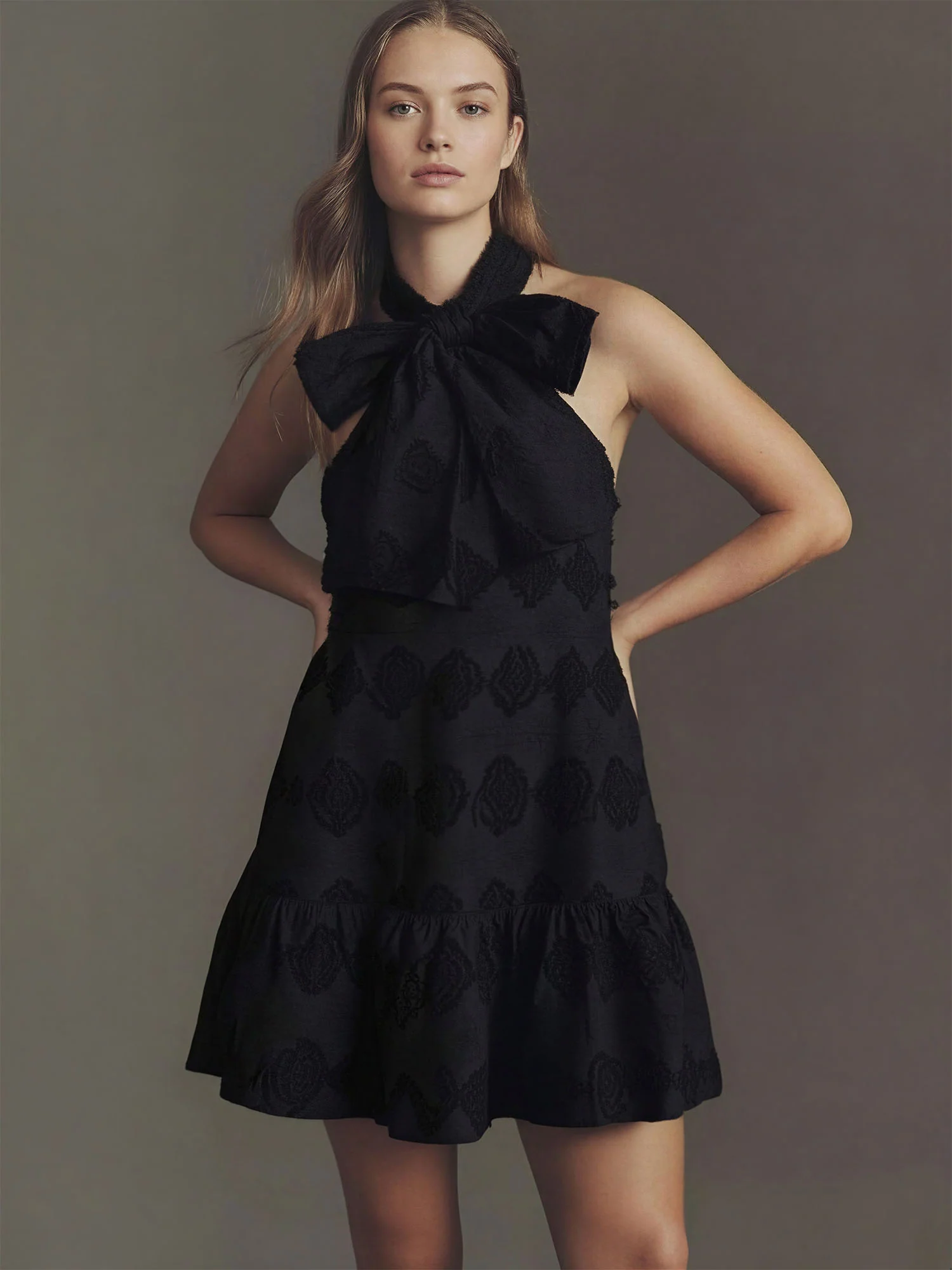Halter Neck Bow Texture Dress - Image 2