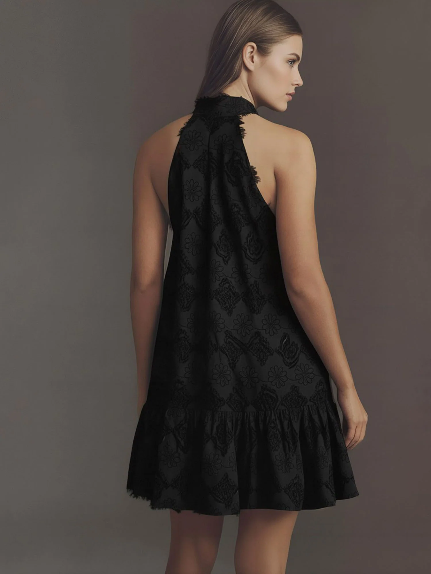 Halter Neck Bow Texture Dress - Image 3