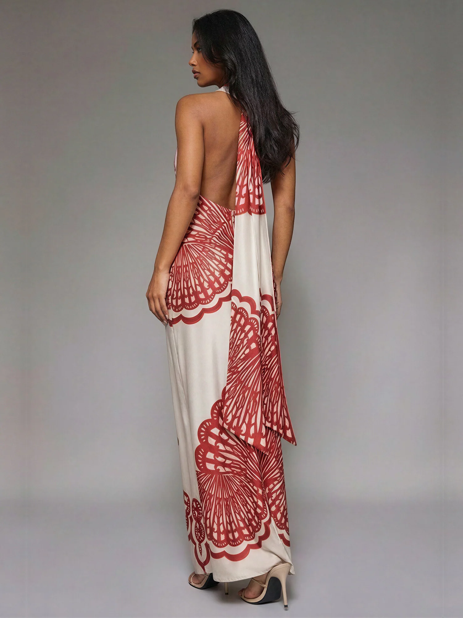 Halter Neck Cowl Shell Print Satin Gown - Image 3