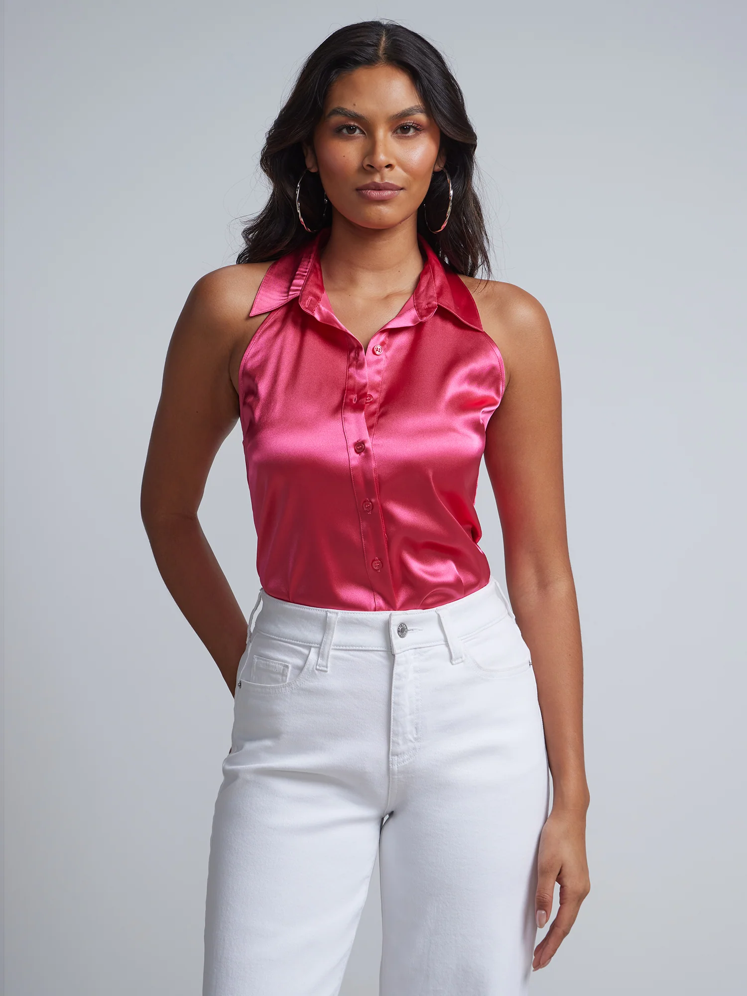 Halterneck Button-Front Satin-Effect Blouse - Image 10