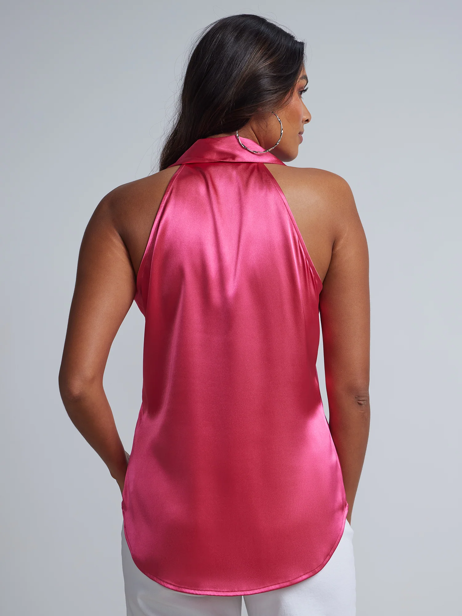 Halterneck Button-Front Satin-Effect Blouse - Image 12