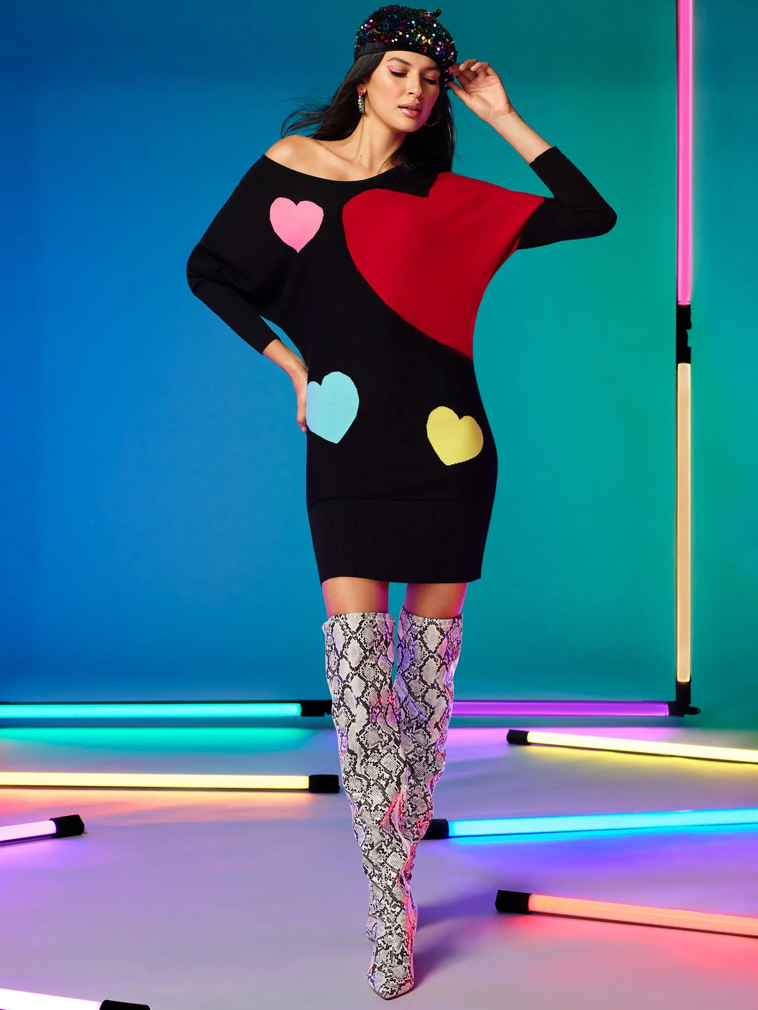 Heart-Print Dolman-Sleeve Sweater Dress - Image 2