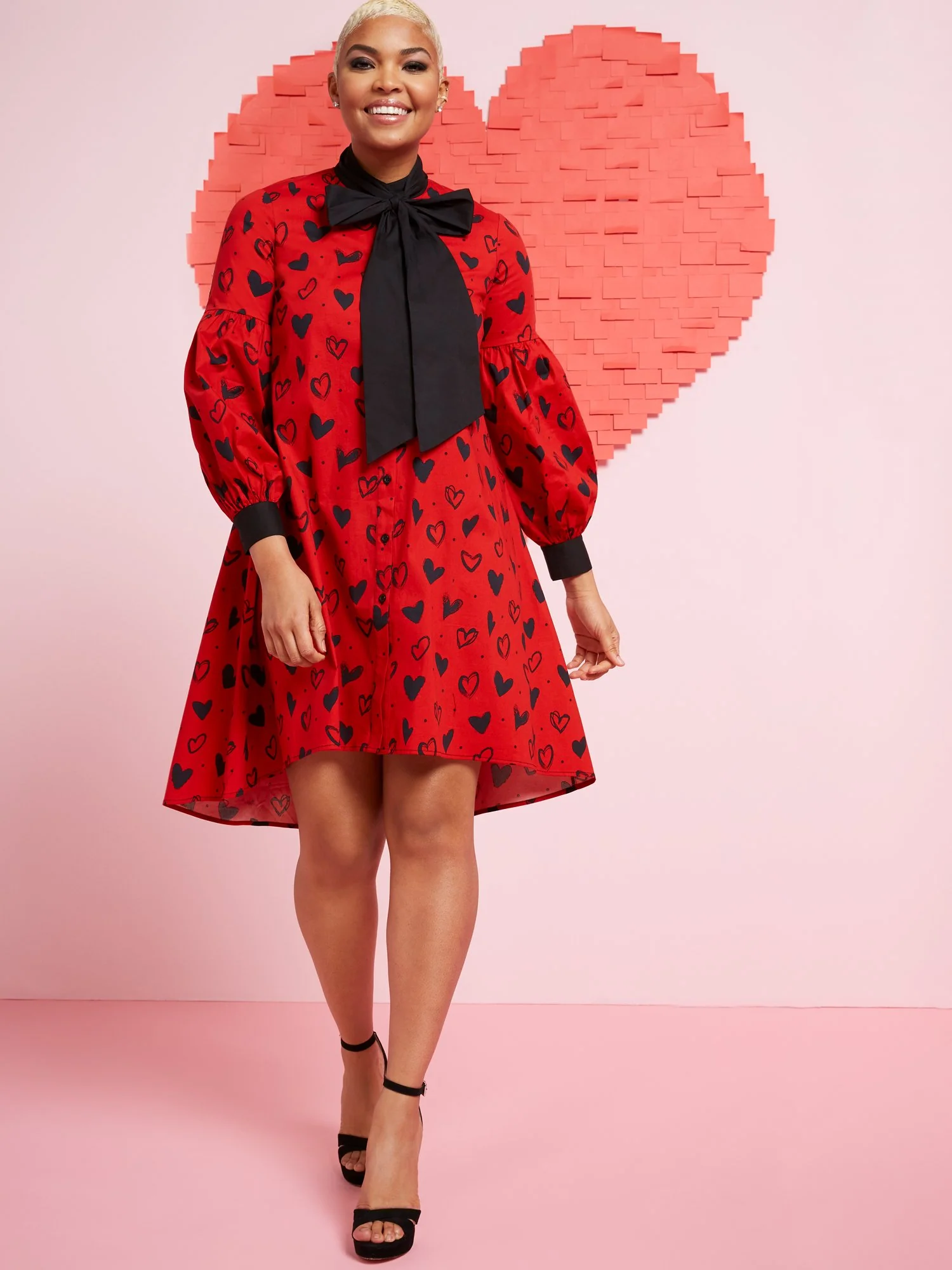 Heart-Print Long-Sleeve Babydoll Dress - Image 2