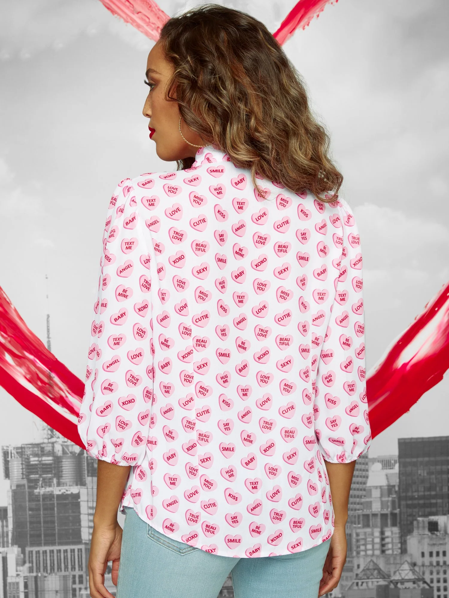 Heart-Print Long-Sleeve Bow-Neck Blouse - Image 3