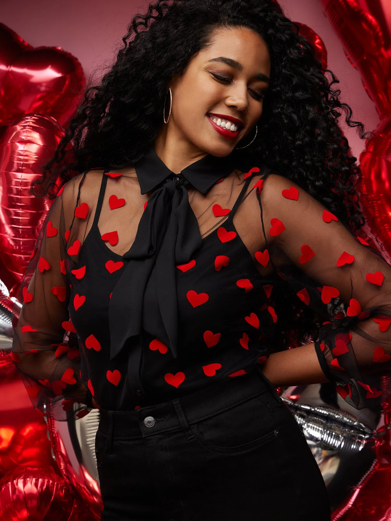 Heart-Print Mesh Bow-Neck Blouse - Image 4