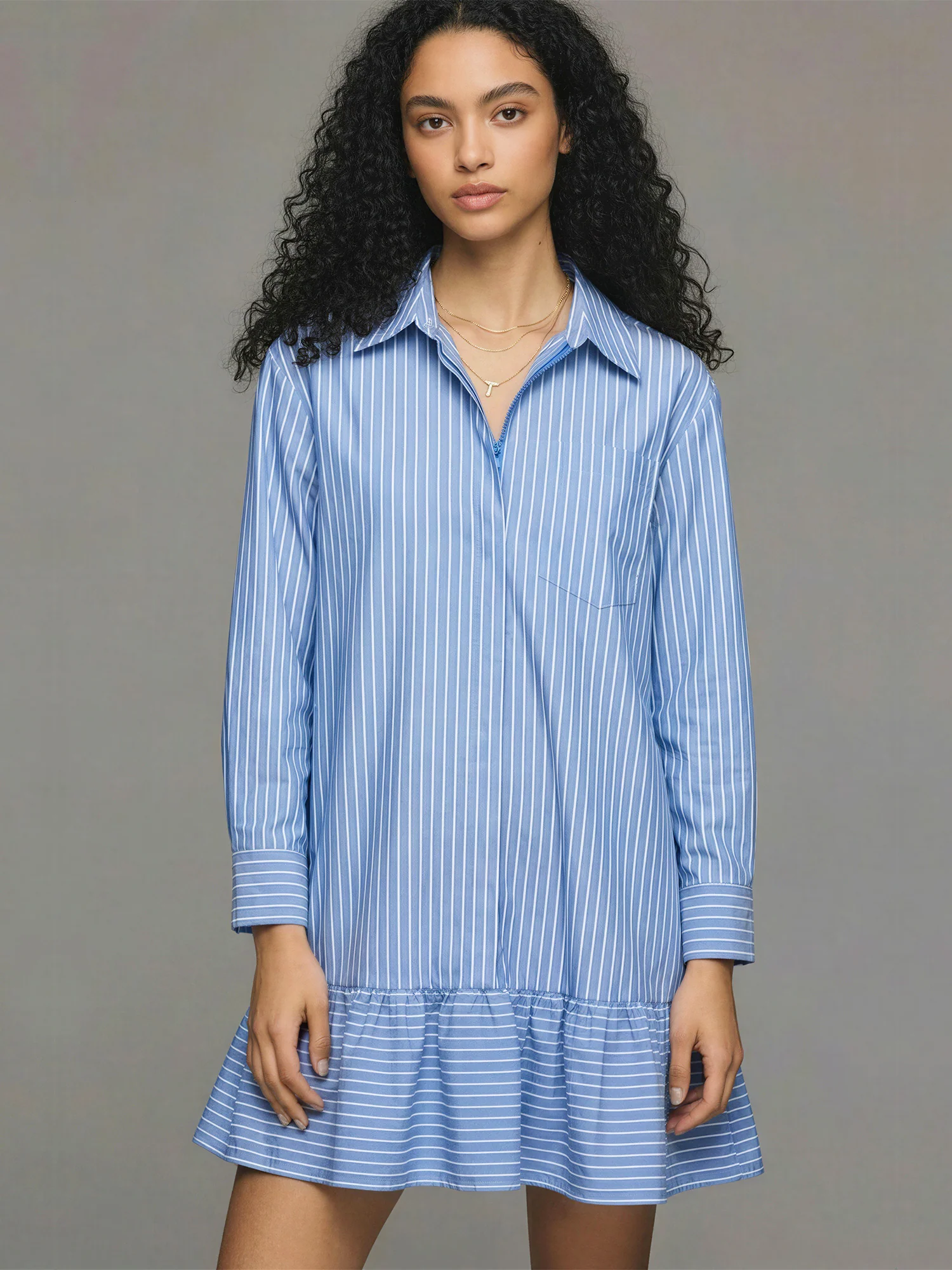 Hidden Zip Up Bubble Hem Shirt Dress
